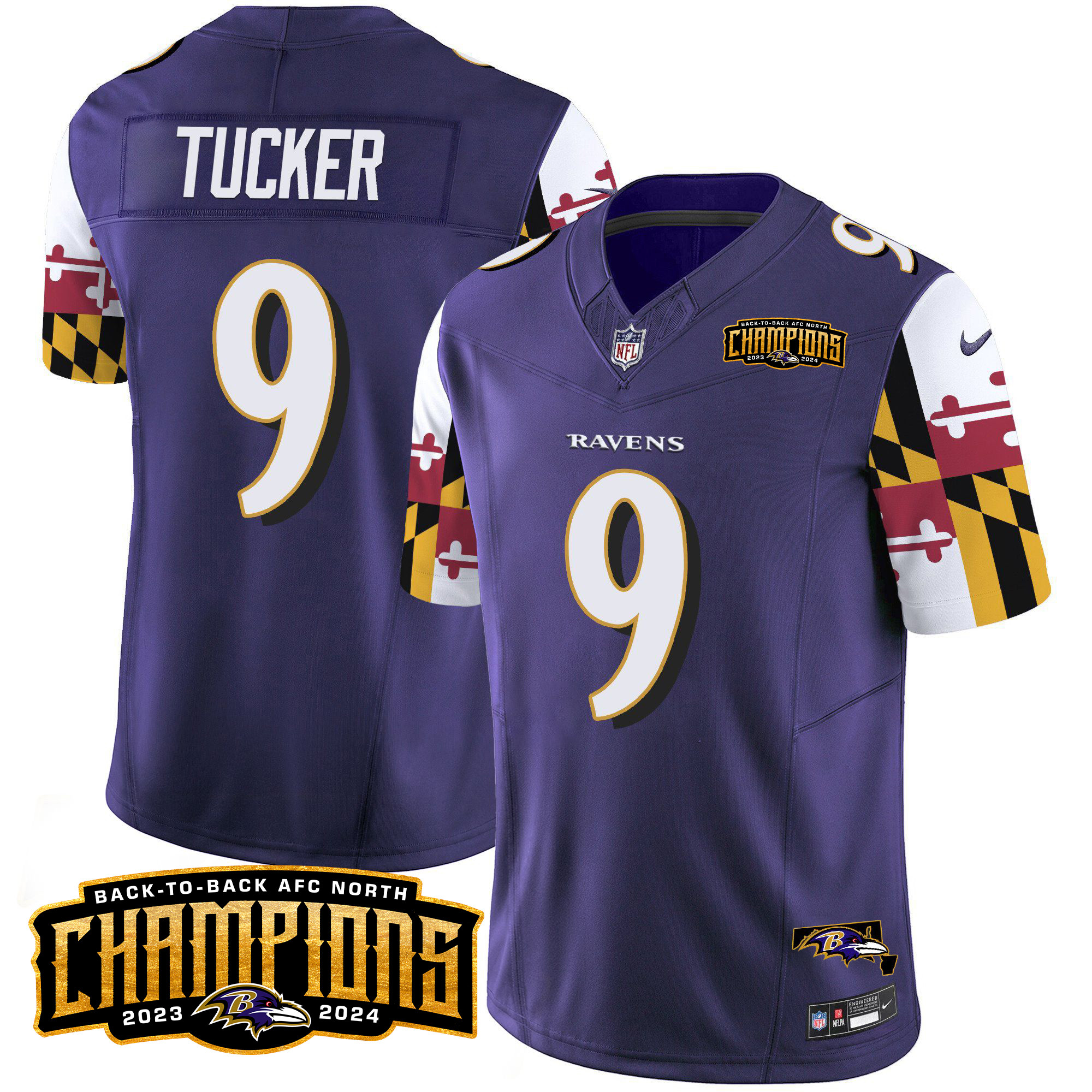 Justin Tucker Men's Baltimore Ravens Maryland Flag Back To Back AFC North Champions Patch Vapor Limited Purple Jersey - All Stitched
