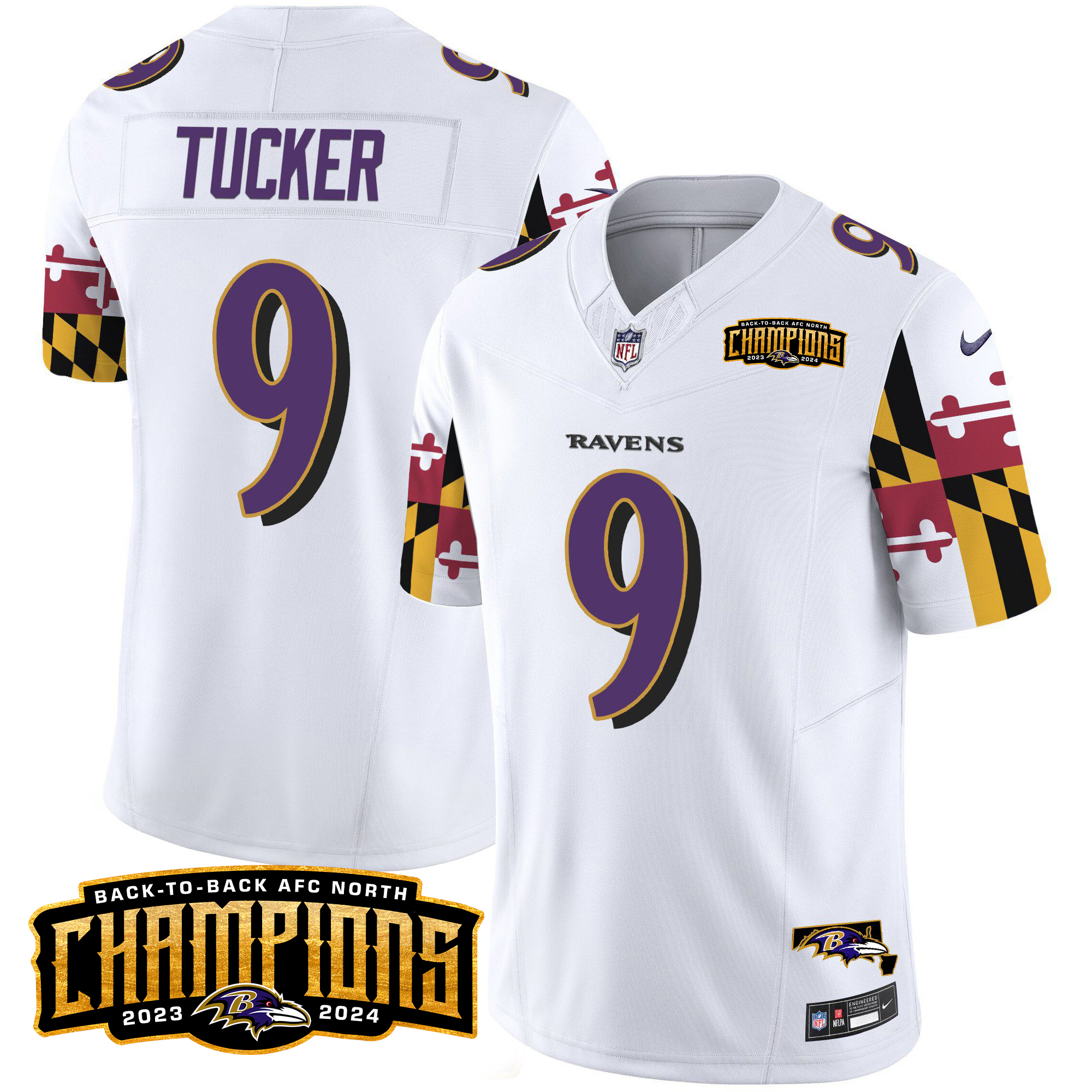 Justin Tucker Men's Baltimore Ravens Maryland Flag Back To Back AFC North Champions Patch Vapor Limited White Jersey - All Stitched