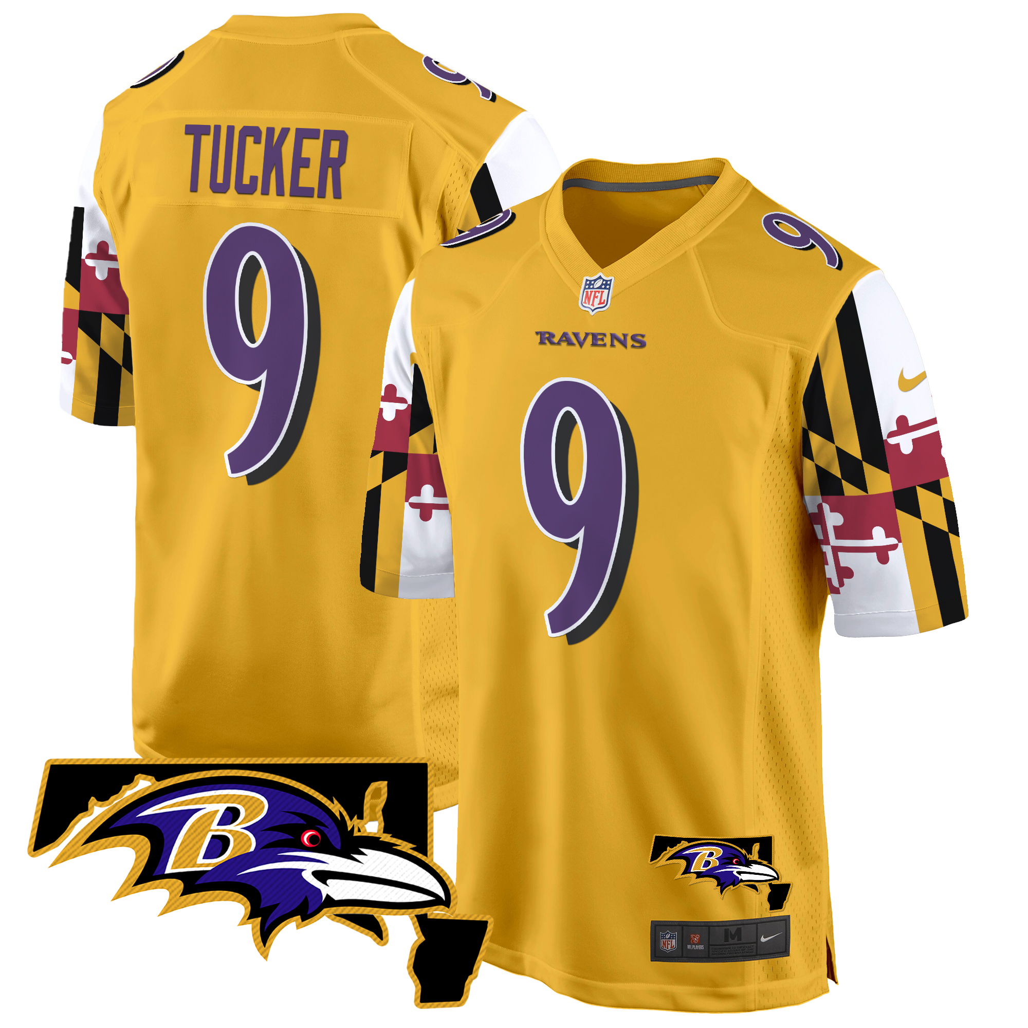 Justin Tucker Men's Baltimore Ravens Maryland Flag Game Gold Jersey - All Stitched
