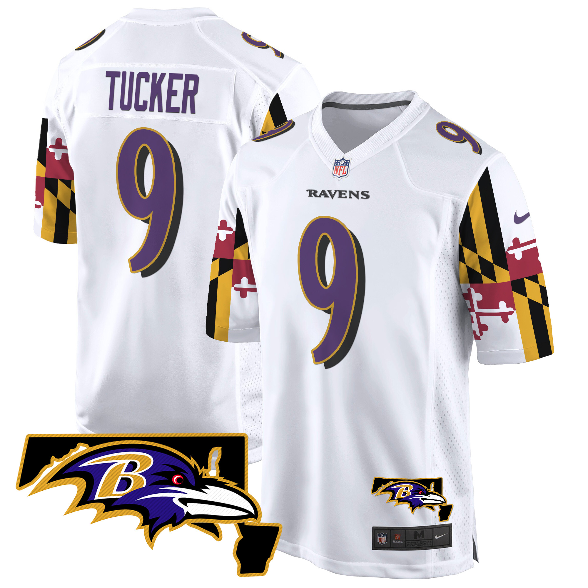 Justin Tucker Men's Baltimore Ravens Maryland Flag Game White Jersey - All Stitched