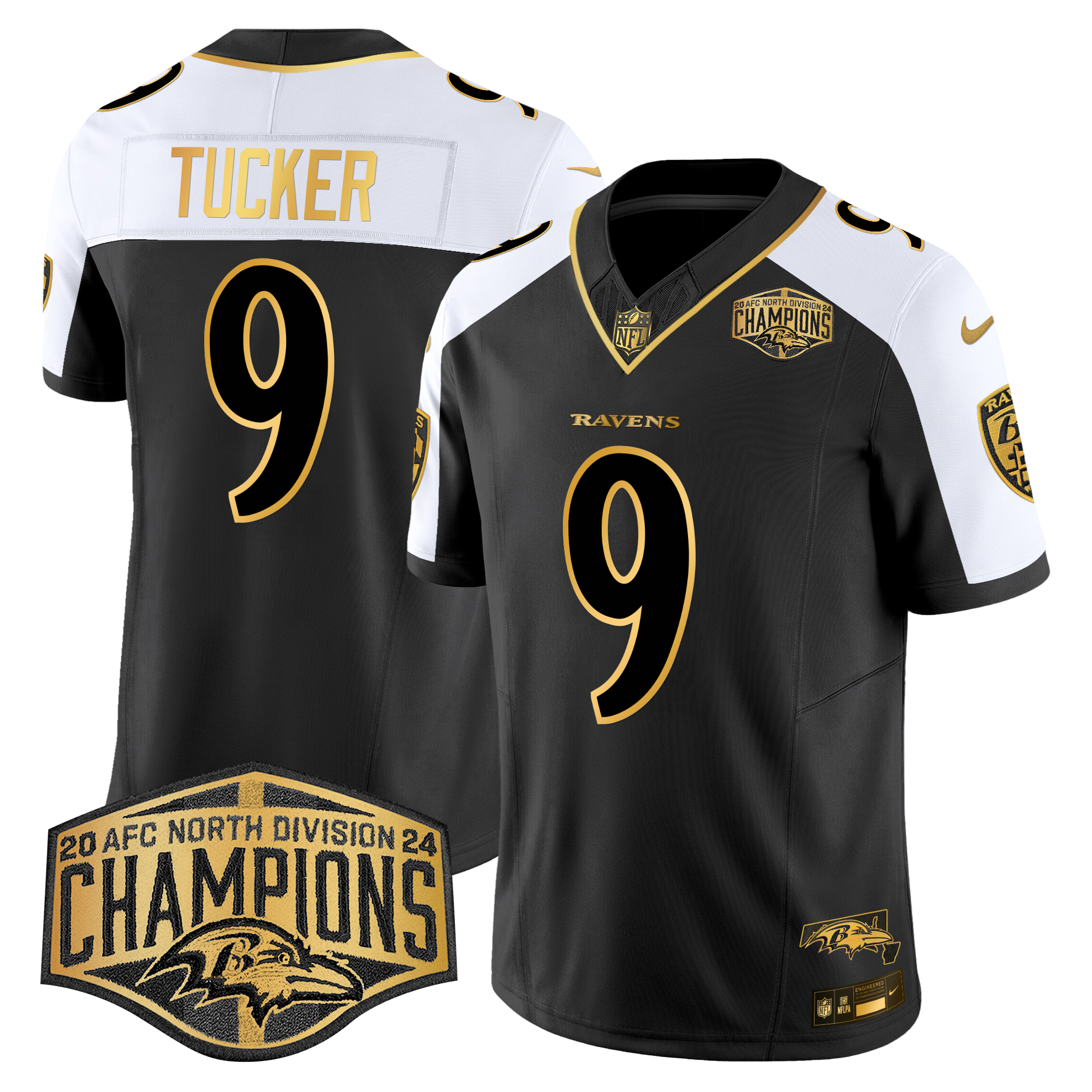 Justin Tucker Men's Baltimore Ravens Maryland Flag Map 2024 AFC North Division Champions Patch Gold Vapor Limited Alternate Jersey - All Stitched