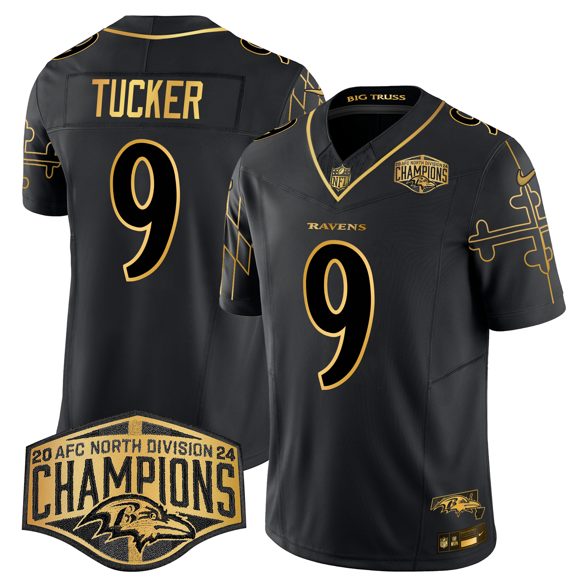 Justin Tucker Men's Baltimore Ravens Maryland Flag Map 2024 AFC North Division Champions Patch Gold Vapor Limited Black Gold Jersey - All Stitched