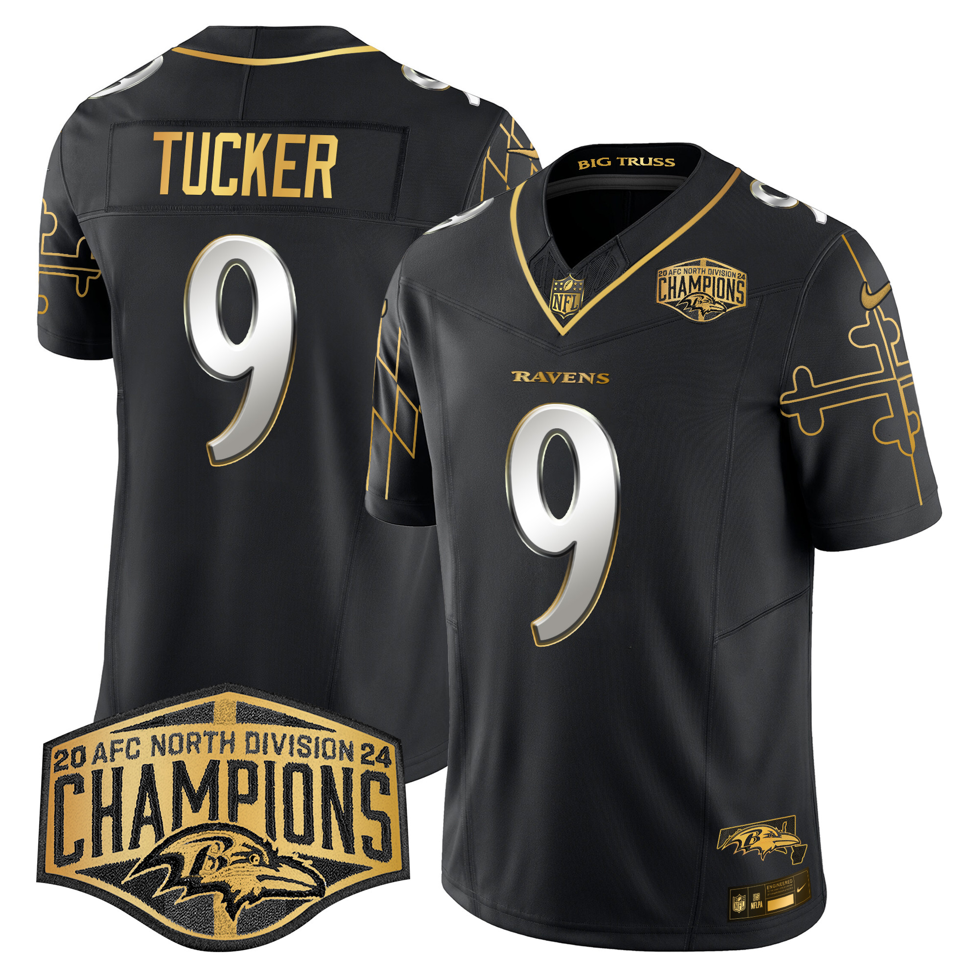 Justin Tucker Men's Baltimore Ravens Maryland Flag Map 2024 AFC North Division Champions Patch Gold Vapor Limited Black Limited Jersey - All Stitched