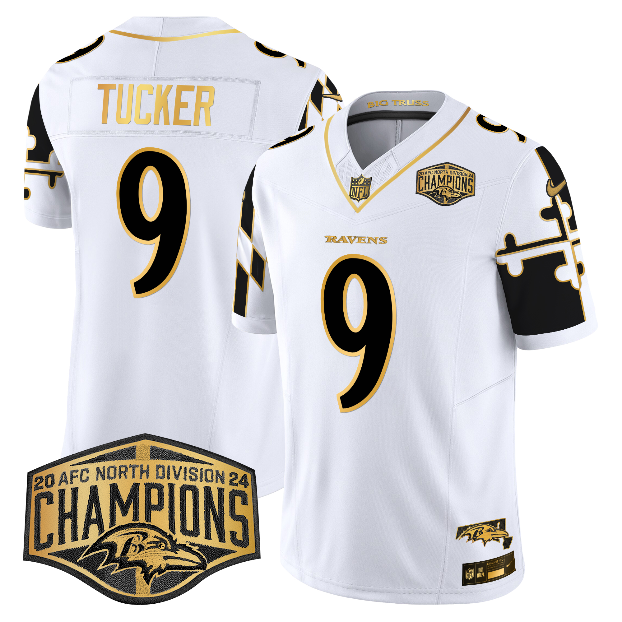 Justin Tucker Men's Baltimore Ravens Maryland Flag Map 2024 AFC North Division Champions Patch Gold Vapor Limited White Gold Jersey - All Stitched