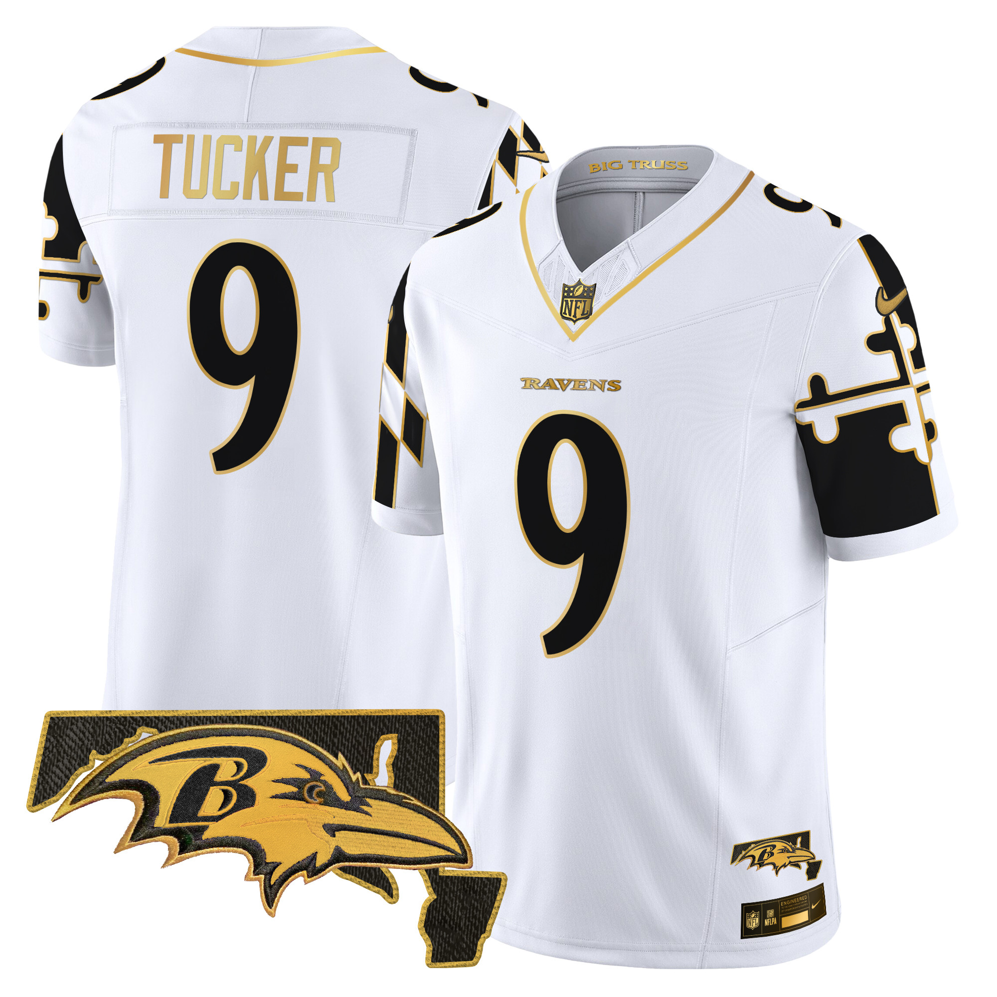 Justin Tucker Men's Baltimore Ravens Maryland Flag Map Patch Gold Vapor Limited White Gold Jersey - All Stitched