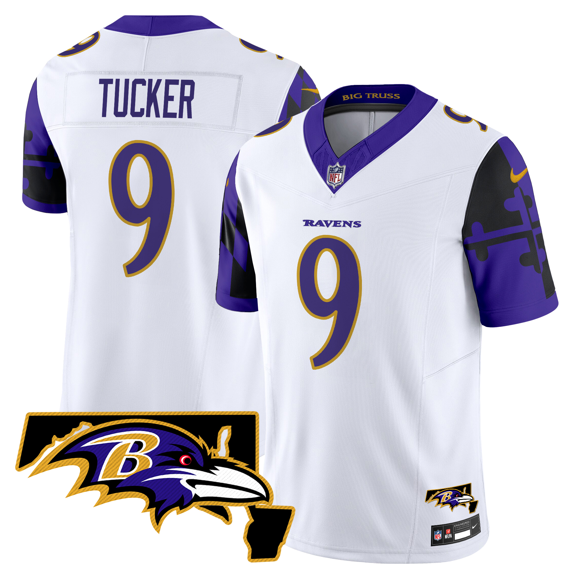 Justin Tucker Men's Baltimore Ravens Maryland Flag Map Patch Vapor Limited White Jersey - All Stitched