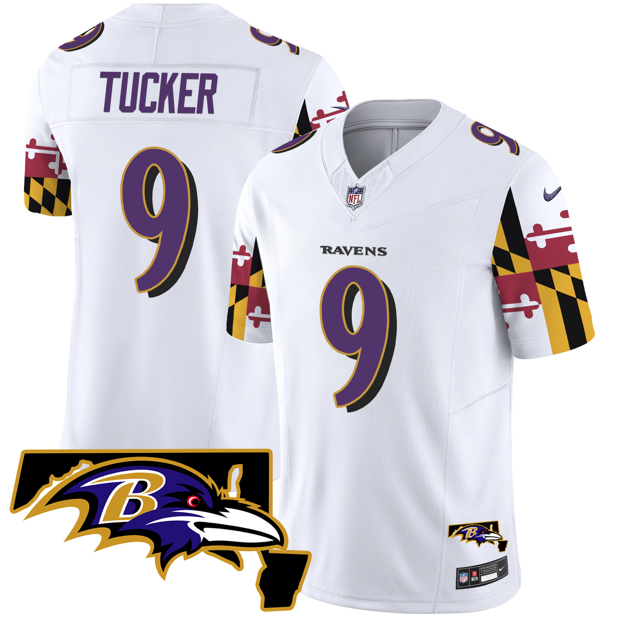 Justin Tucker Men's Baltimore Ravens Maryland Flag Vapor Limited White Jersey - All Stitched