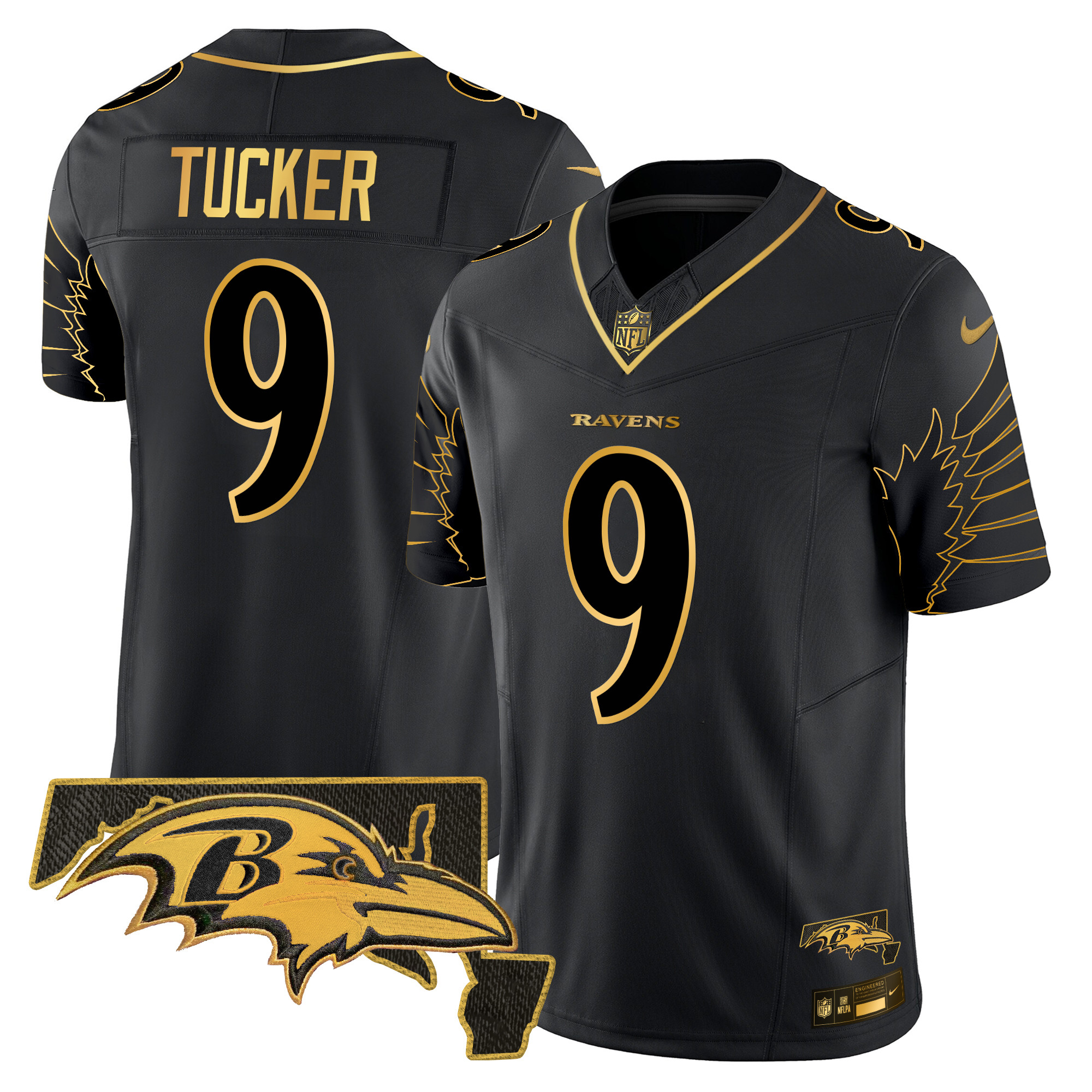 Justin Tucker Men's Baltimore Ravens Maryland Patch Gold Vapor Limited Black Gold Jersey - All Stitched