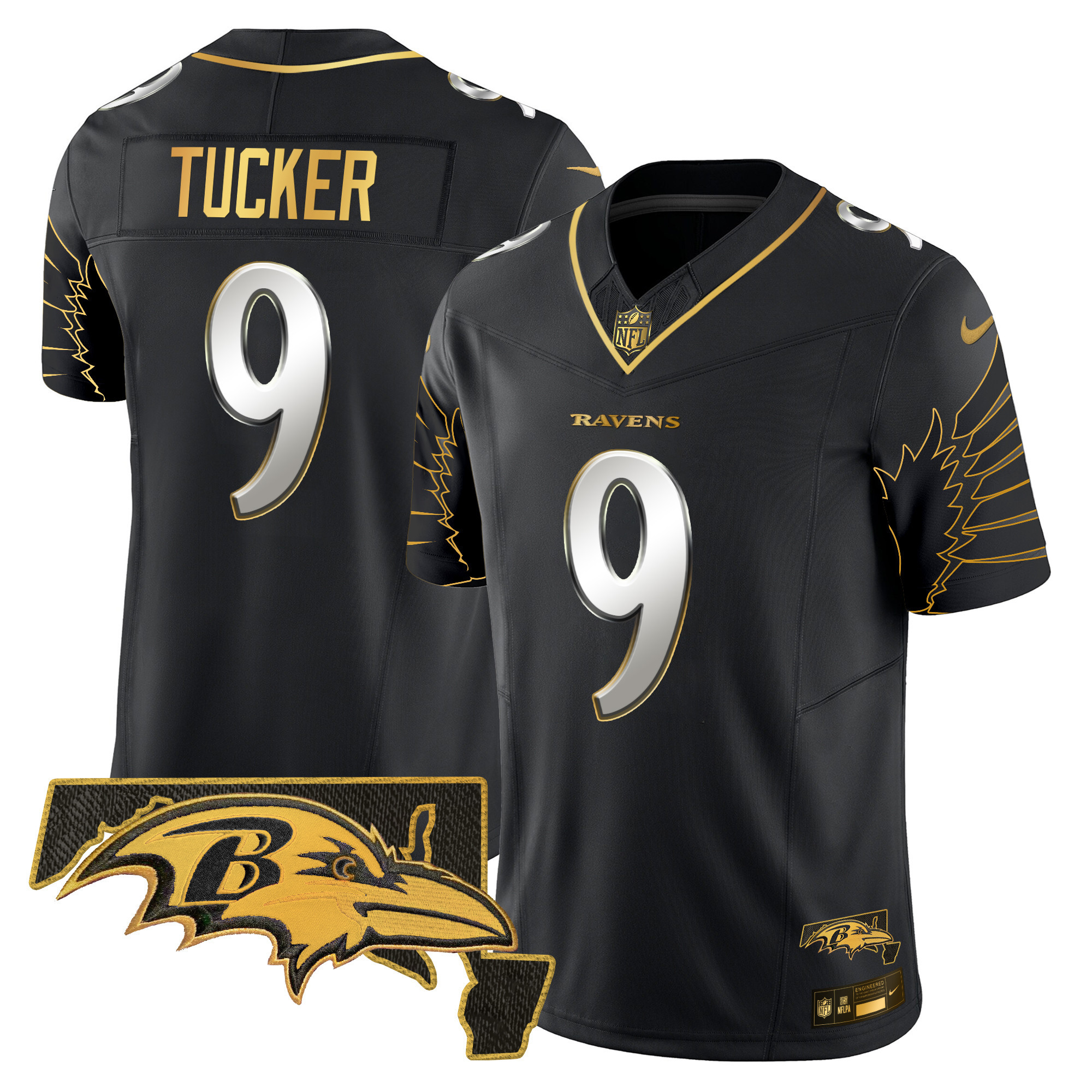 Justin Tucker Men's Baltimore Ravens Maryland Patch Gold Vapor Limited Black Limited Jersey - All Stitched