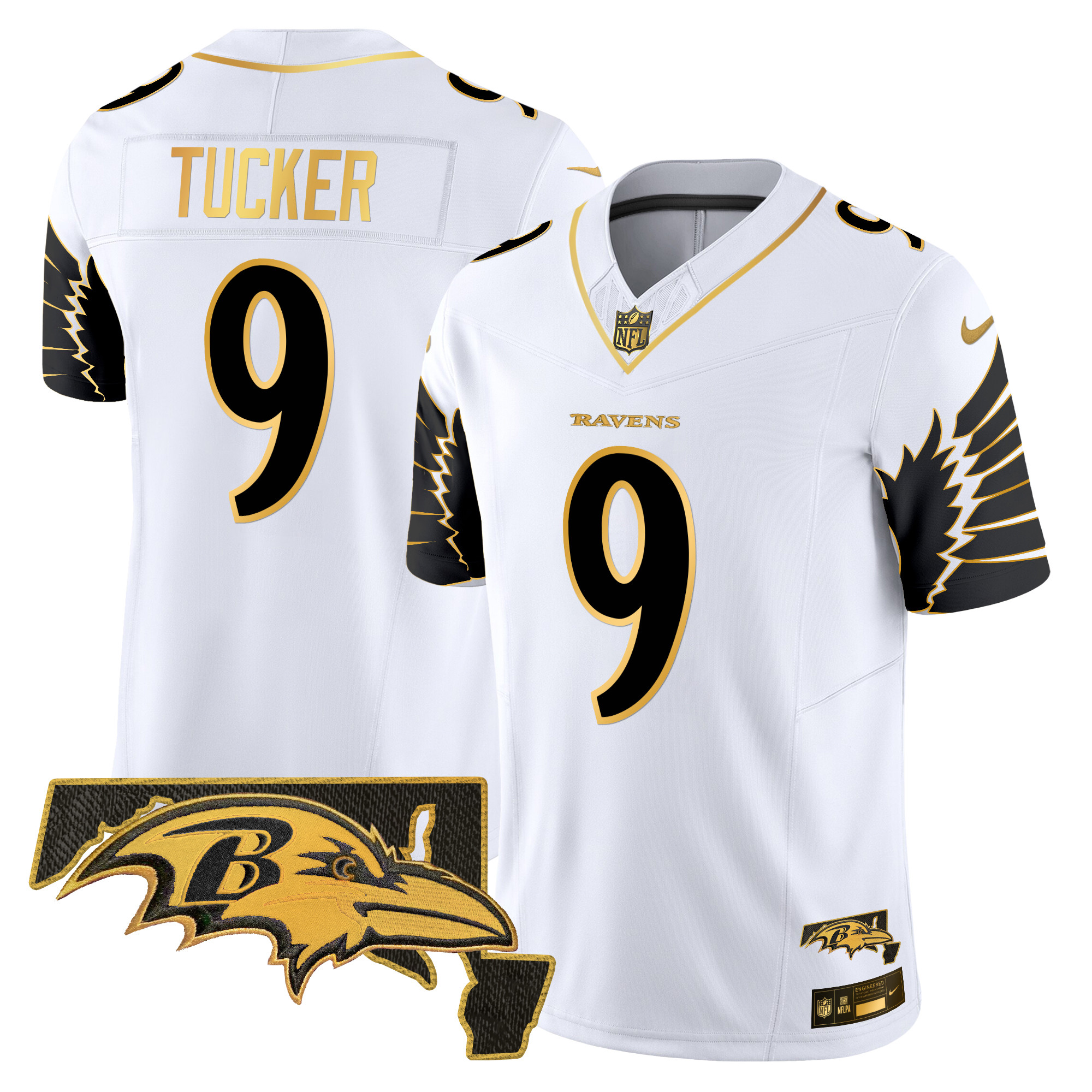 Justin Tucker Men's Baltimore Ravens Maryland Patch Gold Vapor Limited White Gold Jersey - All Stitched