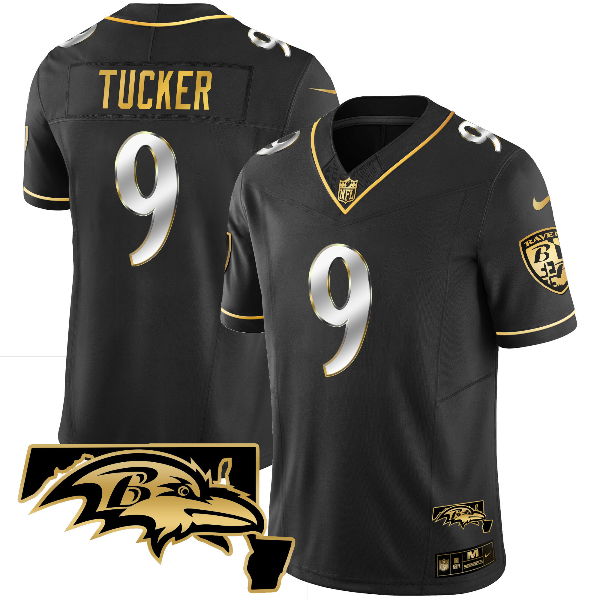 Justin Tucker Men's Baltimore Ravens Maryland Patch Vapor Gold Black Limited Jersey - All Stitched