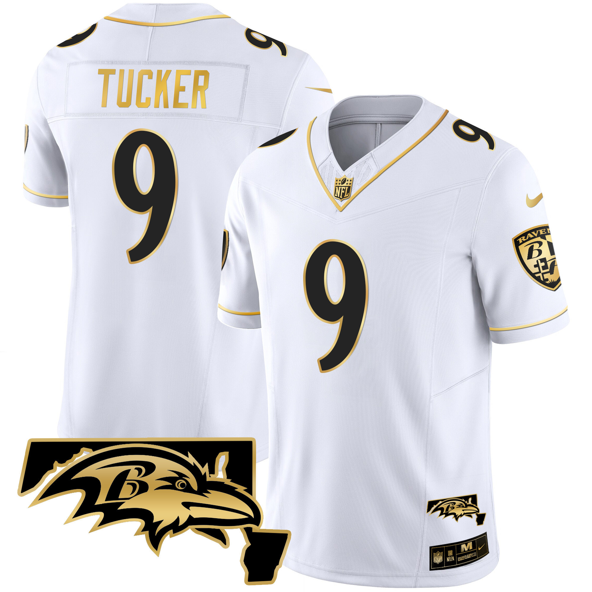Justin Tucker Men's Baltimore Ravens Maryland Patch Vapor Gold White Gold Jersey - All Stitched