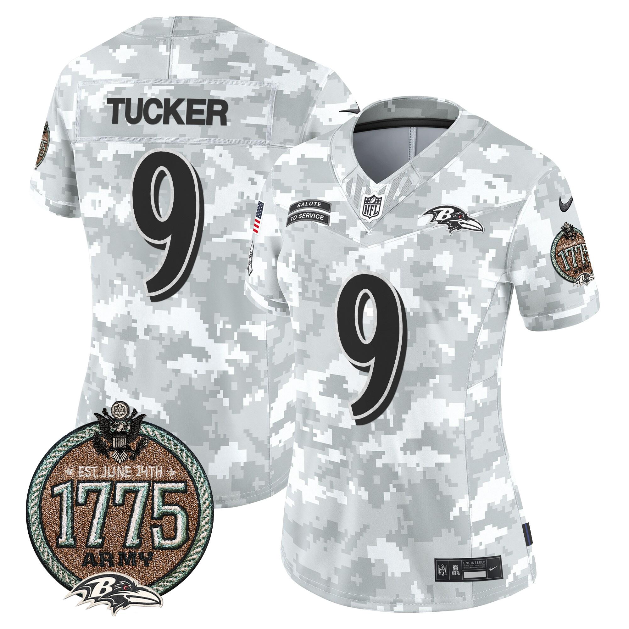 Justin Tucker Women's Baltimore Ravens 2024 Salute to Service Establishment Year Patch Vapor Limited Army Jersey - All Stitched