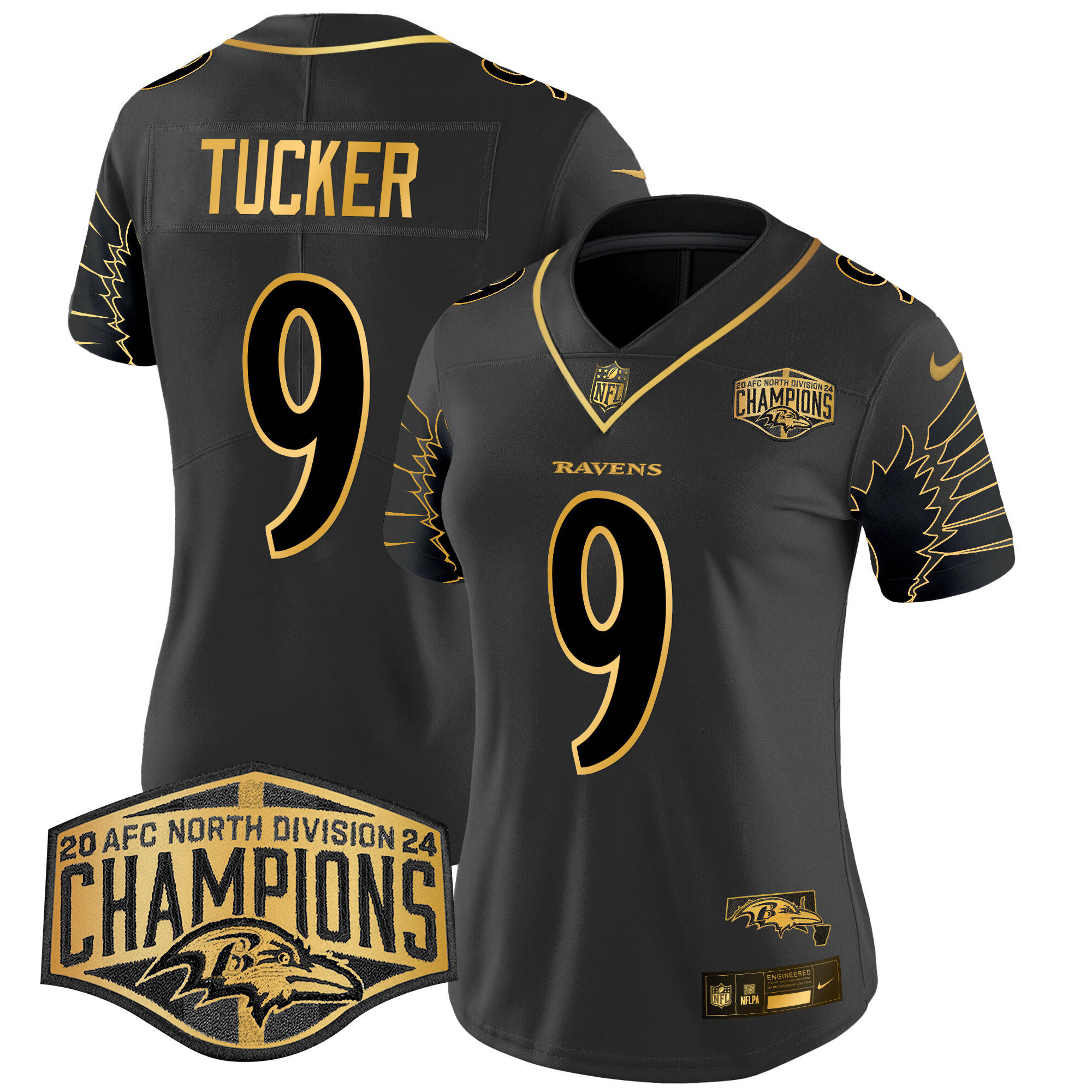 Justin Tucker Women's Baltimore Ravens Maryland 2024 AFC North Division Champions Patch Gold Vapor Limited Black Gold Jersey - All Stitched