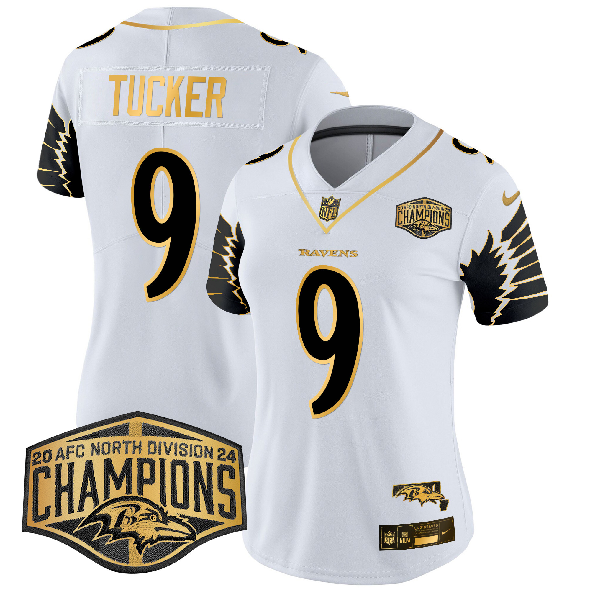 Justin Tucker Women's Baltimore Ravens Maryland 2024 AFC North Division Champions Patch Gold Vapor Limited White Gold Jersey - All Stitched