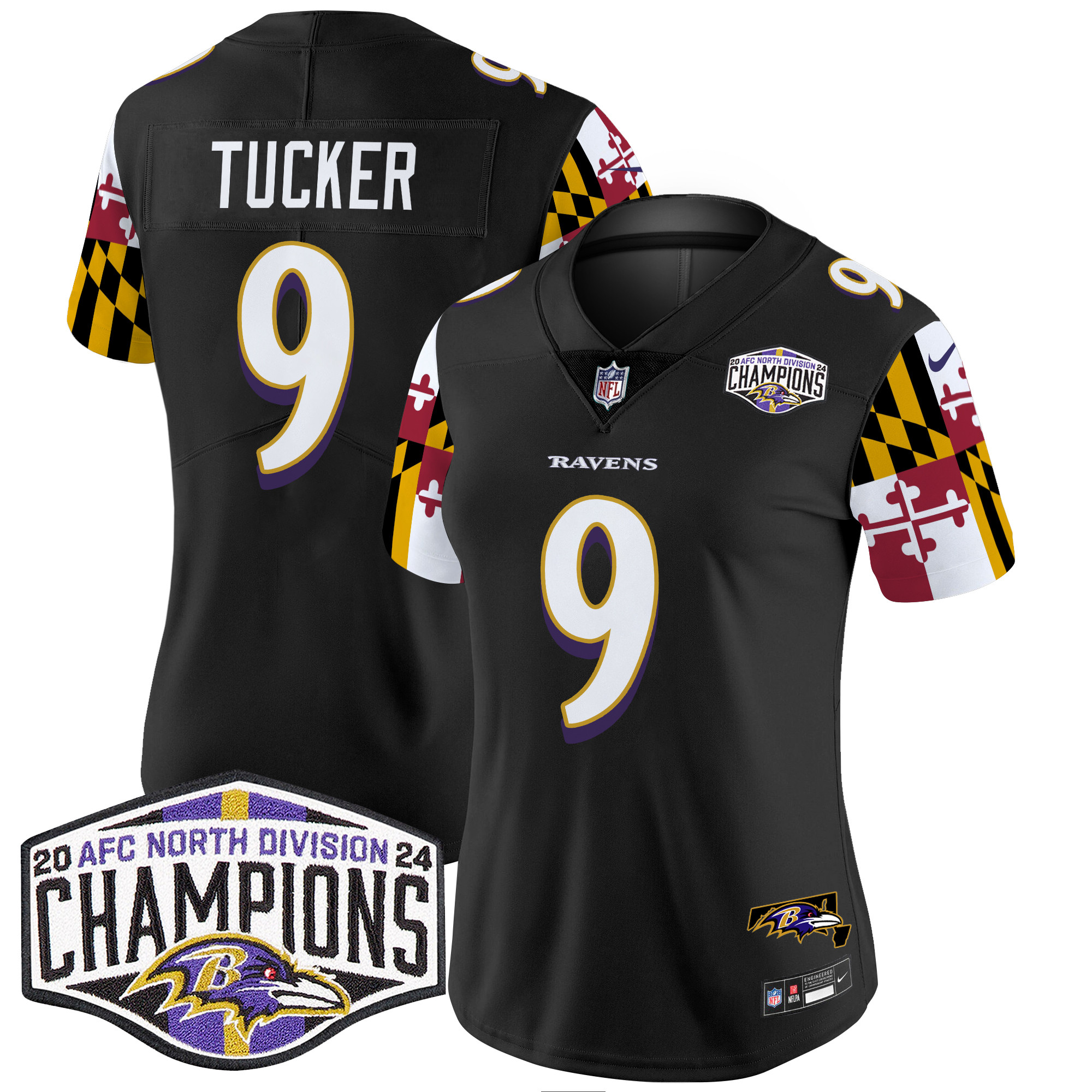 Justin Tucker Women's Baltimore Ravens Maryland Flag 2024 AFC North Division Champions Patch Vapor Limited Black Jersey - All Stitched