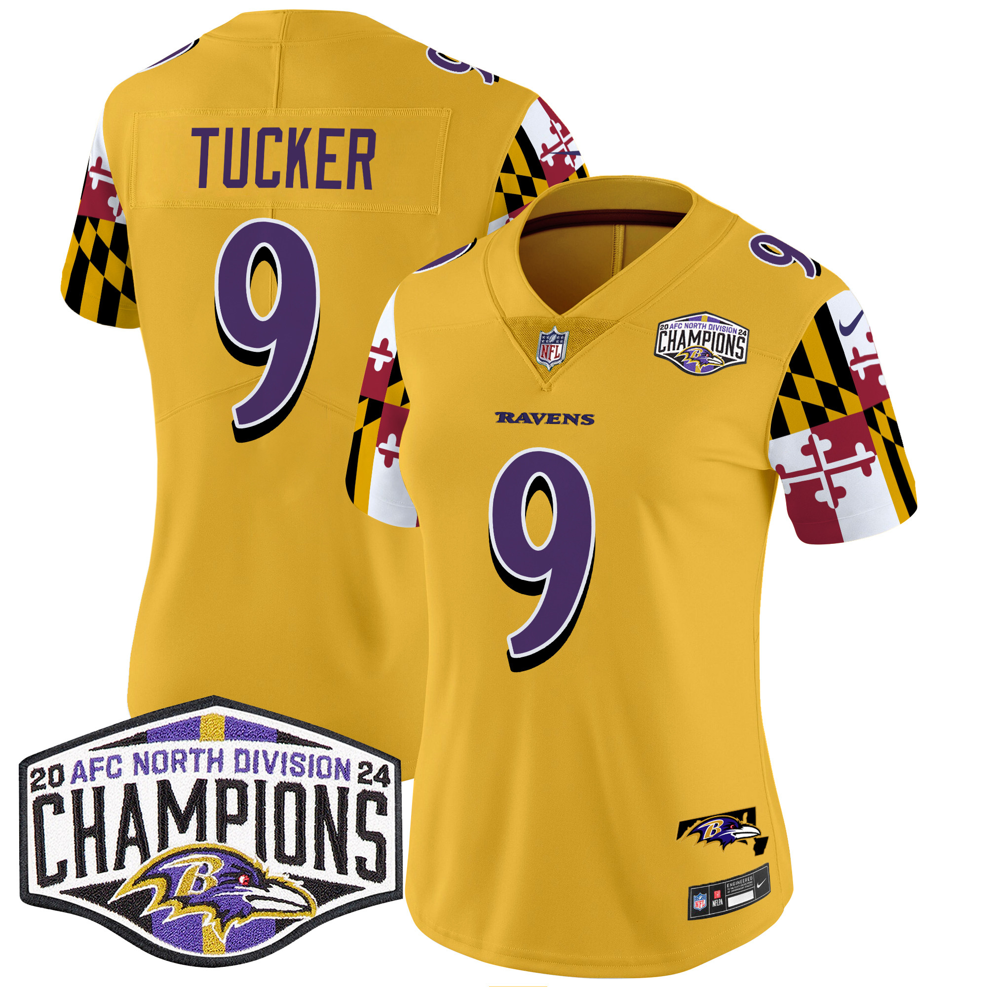 Justin Tucker Women's Baltimore Ravens Maryland Flag 2024 AFC North Division Champions Patch Vapor Limited Gold Jersey - All Stitched