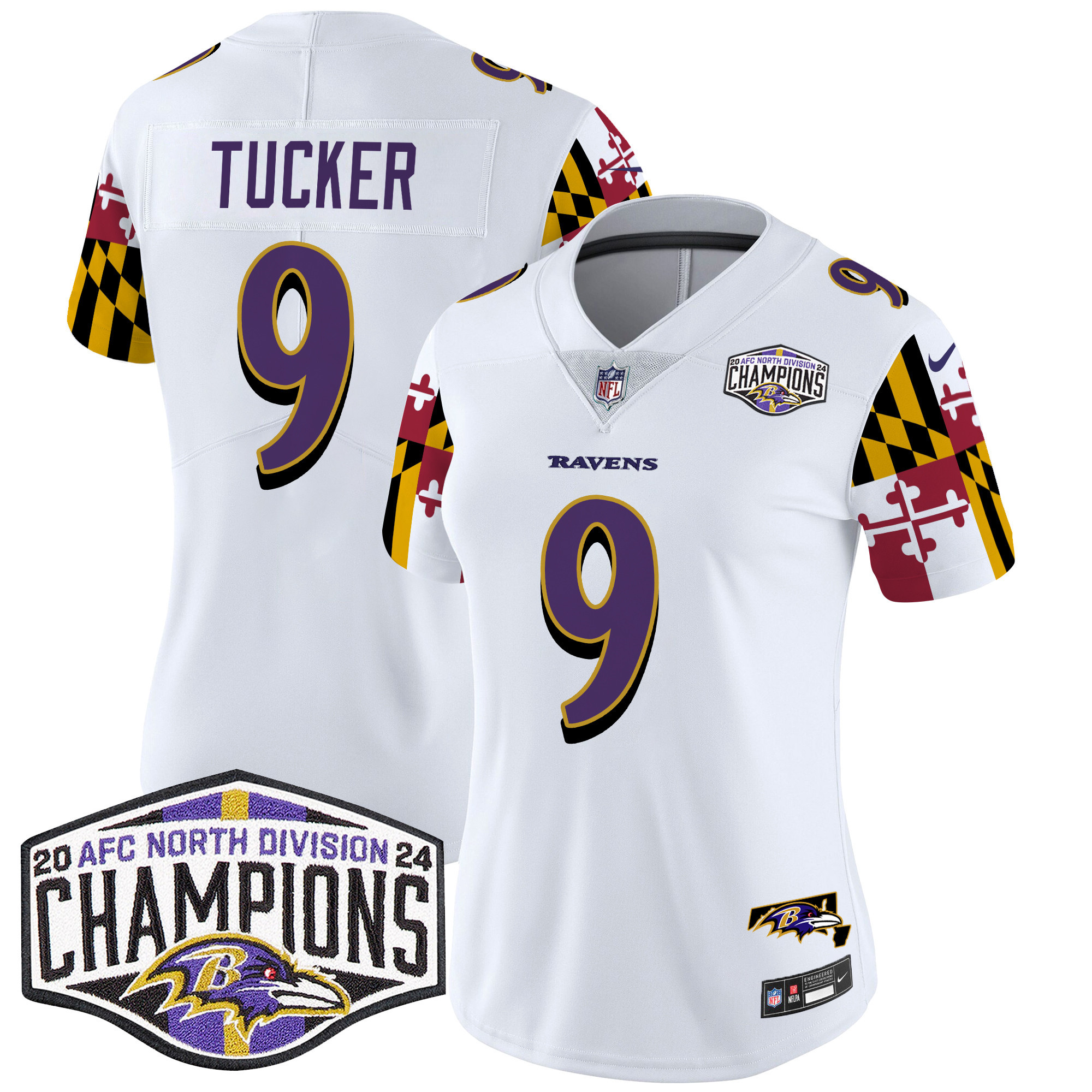 Justin Tucker Women's Baltimore Ravens Maryland Flag 2024 AFC North Division Champions Patch Vapor Limited White Jersey - All Stitched