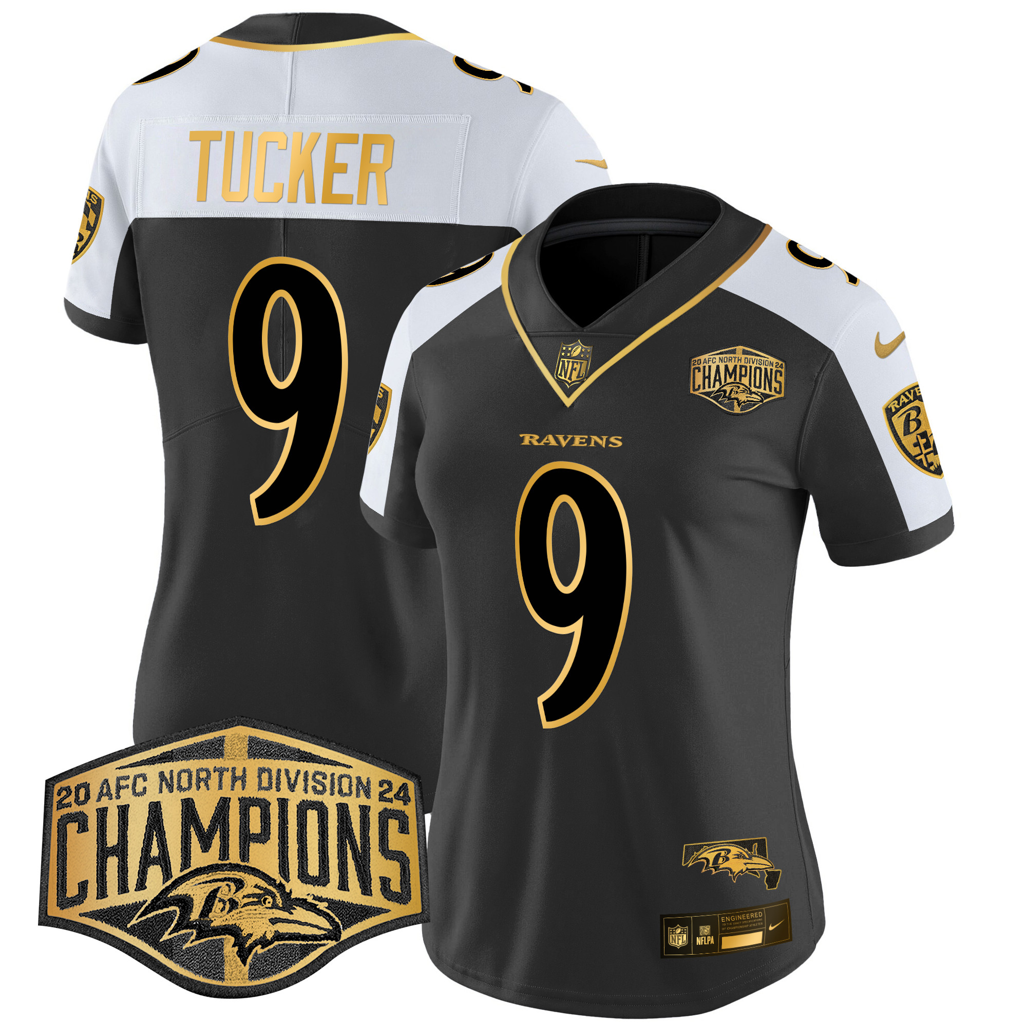 Justin Tucker Women's Baltimore Ravens Maryland Flag Map 2024 AFC North Division Champions Patch Gold Vapor Limited Alternate Jersey - All Stitched