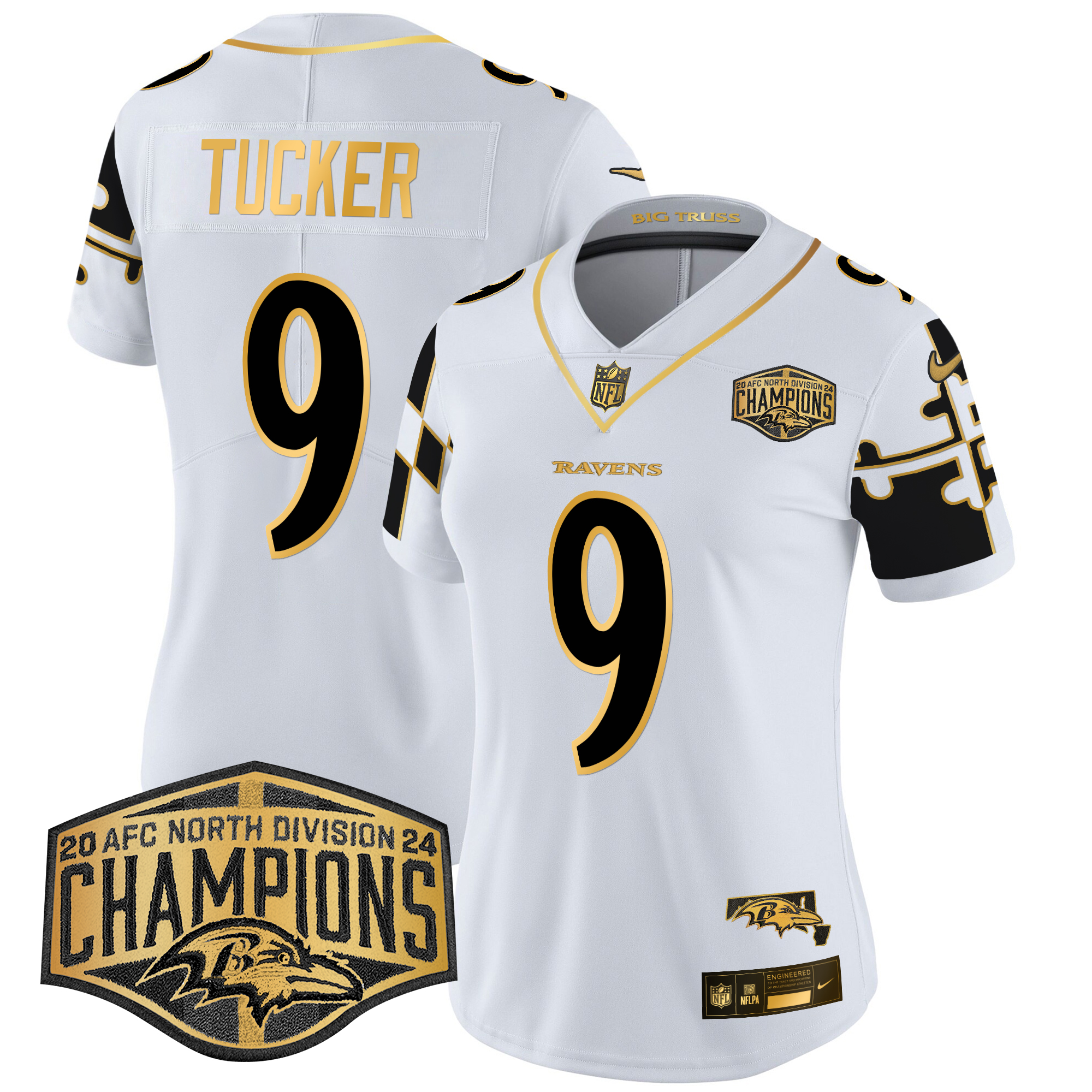 Justin Tucker Women's Baltimore Ravens Maryland Flag Map 2024 AFC North Division Champions Patch Gold Vapor Limited White Gold Jersey - All Stitched