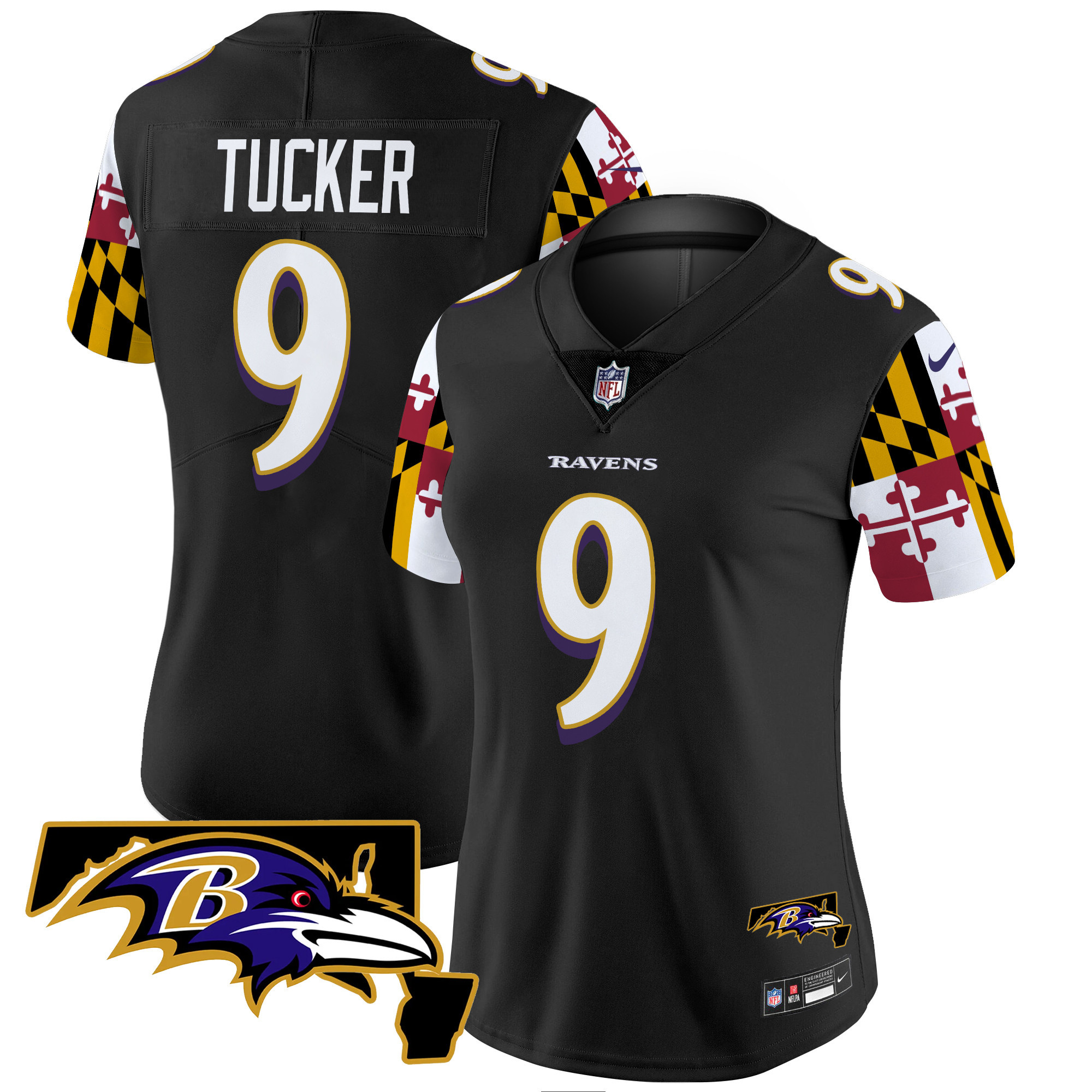 Justin Tucker Women's Baltimore Ravens Maryland Flag Vapor Limited Black Jersey - All Stitched