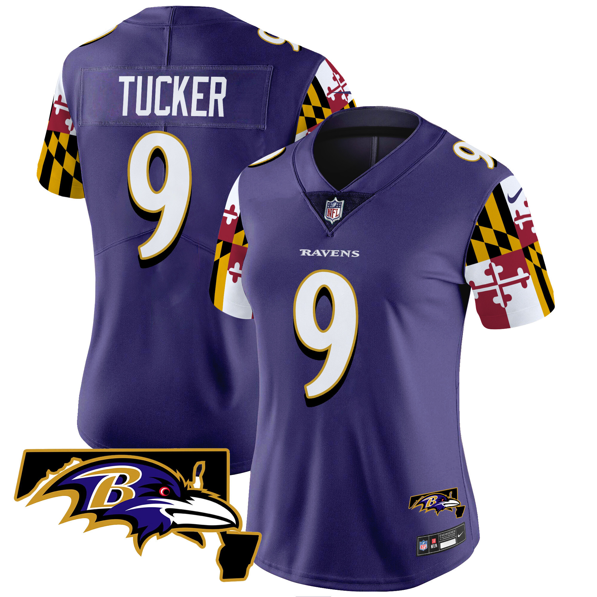 Justin Tucker Women's Baltimore Ravens Maryland Flag Vapor Limited Purple Jersey - All Stitched