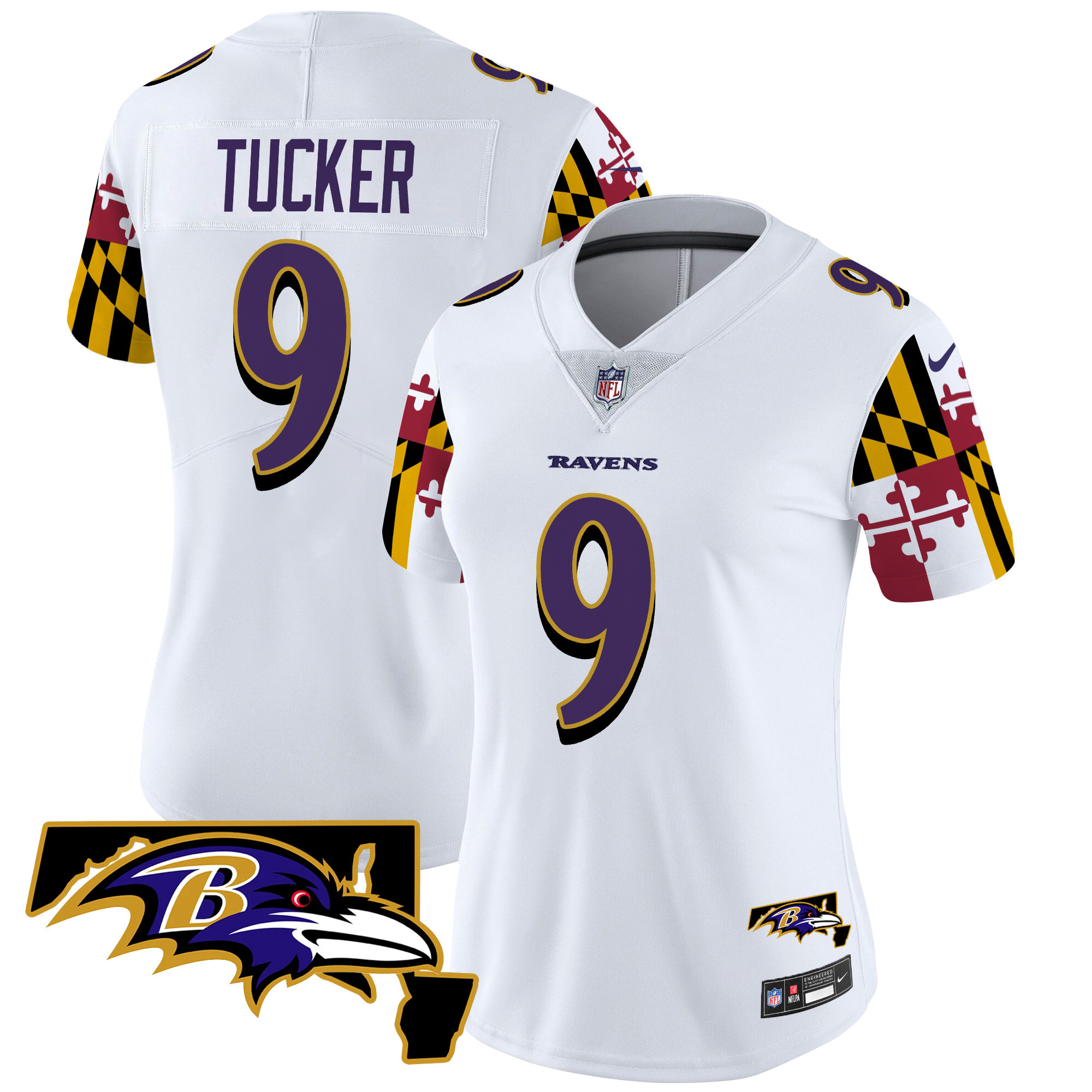 Justin Tucker Women's Baltimore Ravens Maryland Flag Vapor Limited White Jersey - All Stitched
