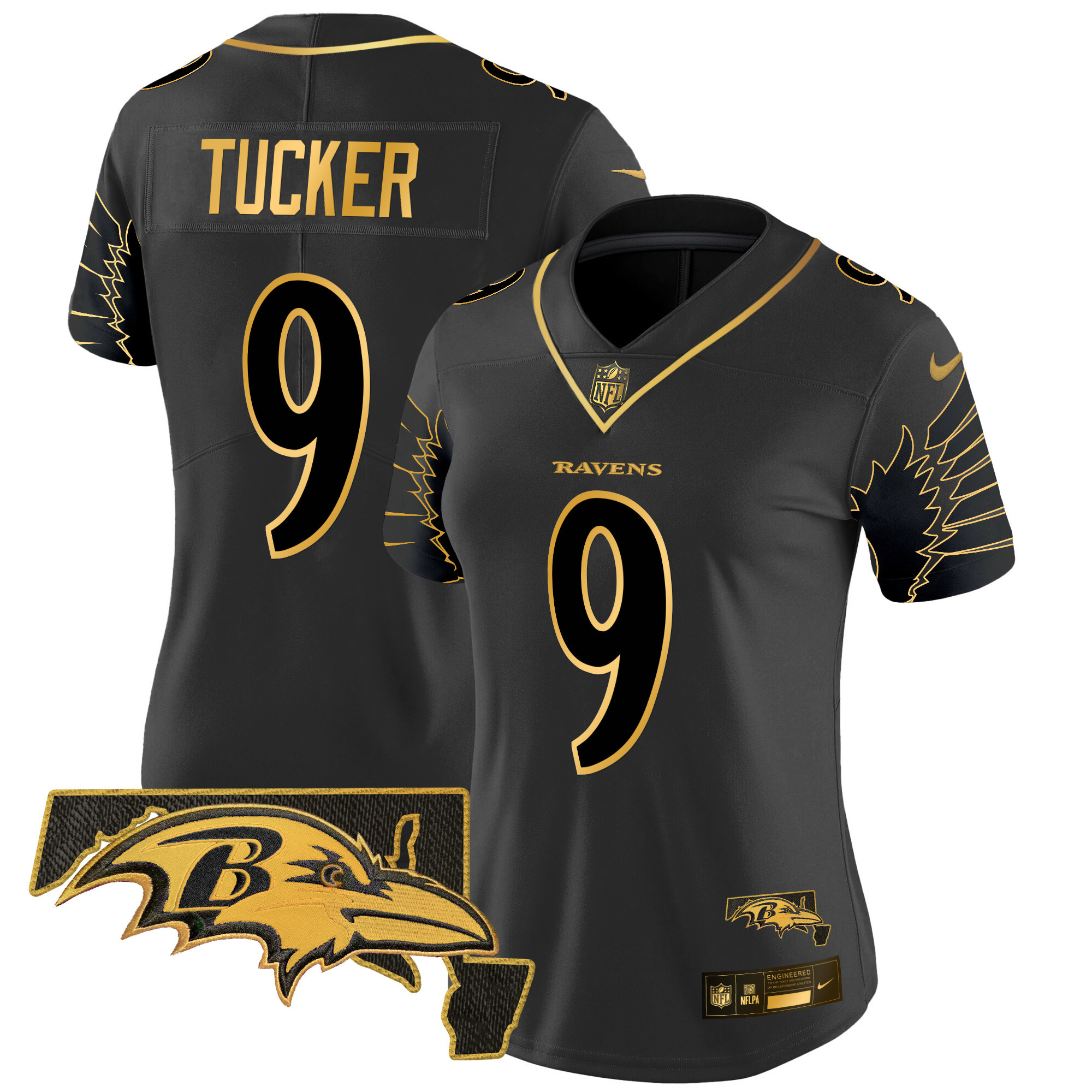 Justin Tucker Women's Baltimore Ravens Maryland Patch Gold Vapor Limited Black Gold Jersey - All Stitched