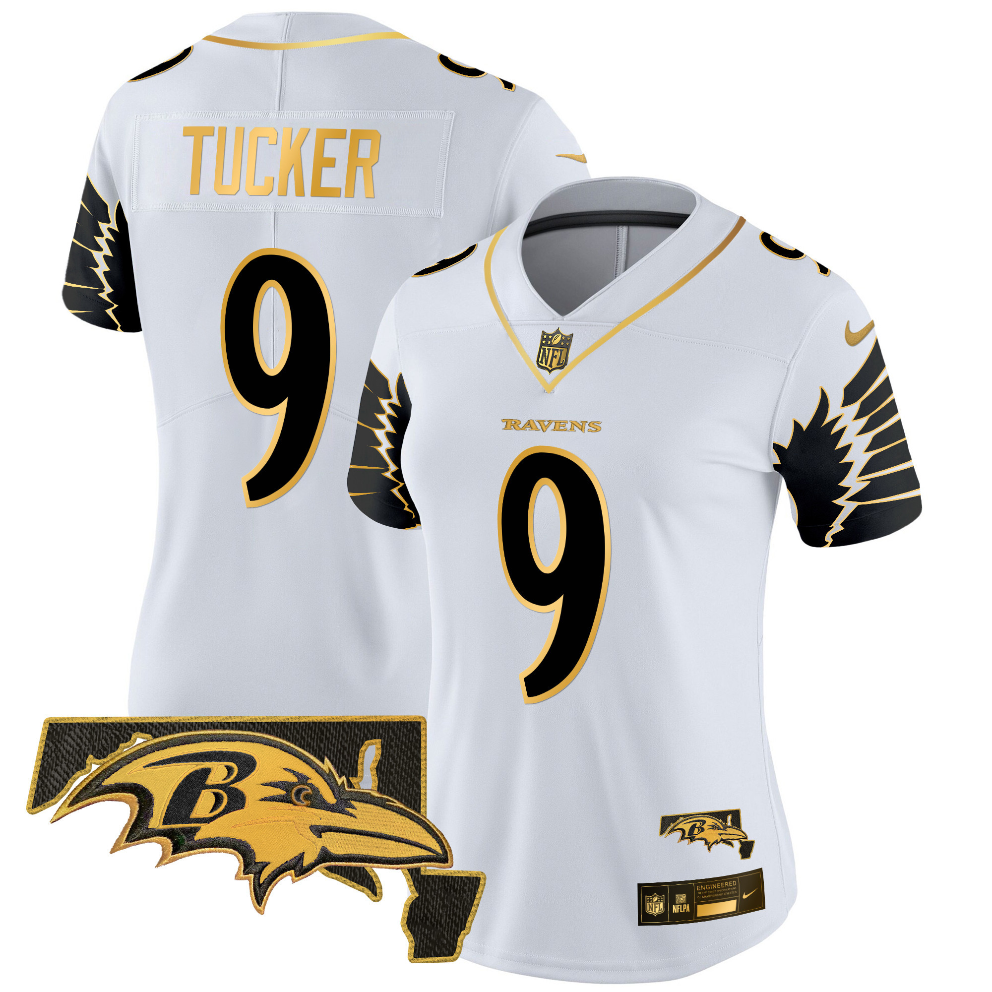 Justin Tucker Women's Baltimore Ravens Maryland Patch Gold Vapor Limited White Gold Jersey - All Stitched