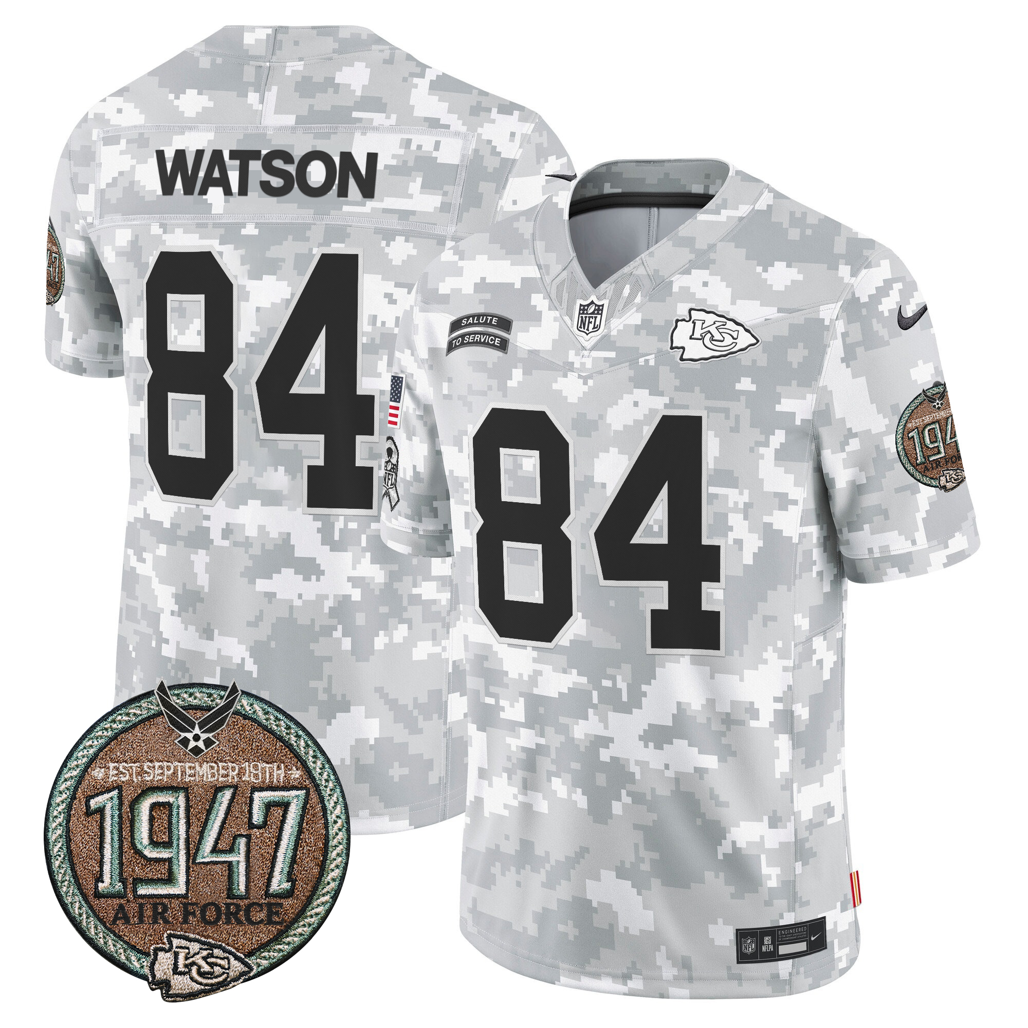 Justin Watson Men's Kansas City Chiefs 2024 Salute to Service Establishment Year Patch Vapor Limited Air Force Jersey - All Stitched