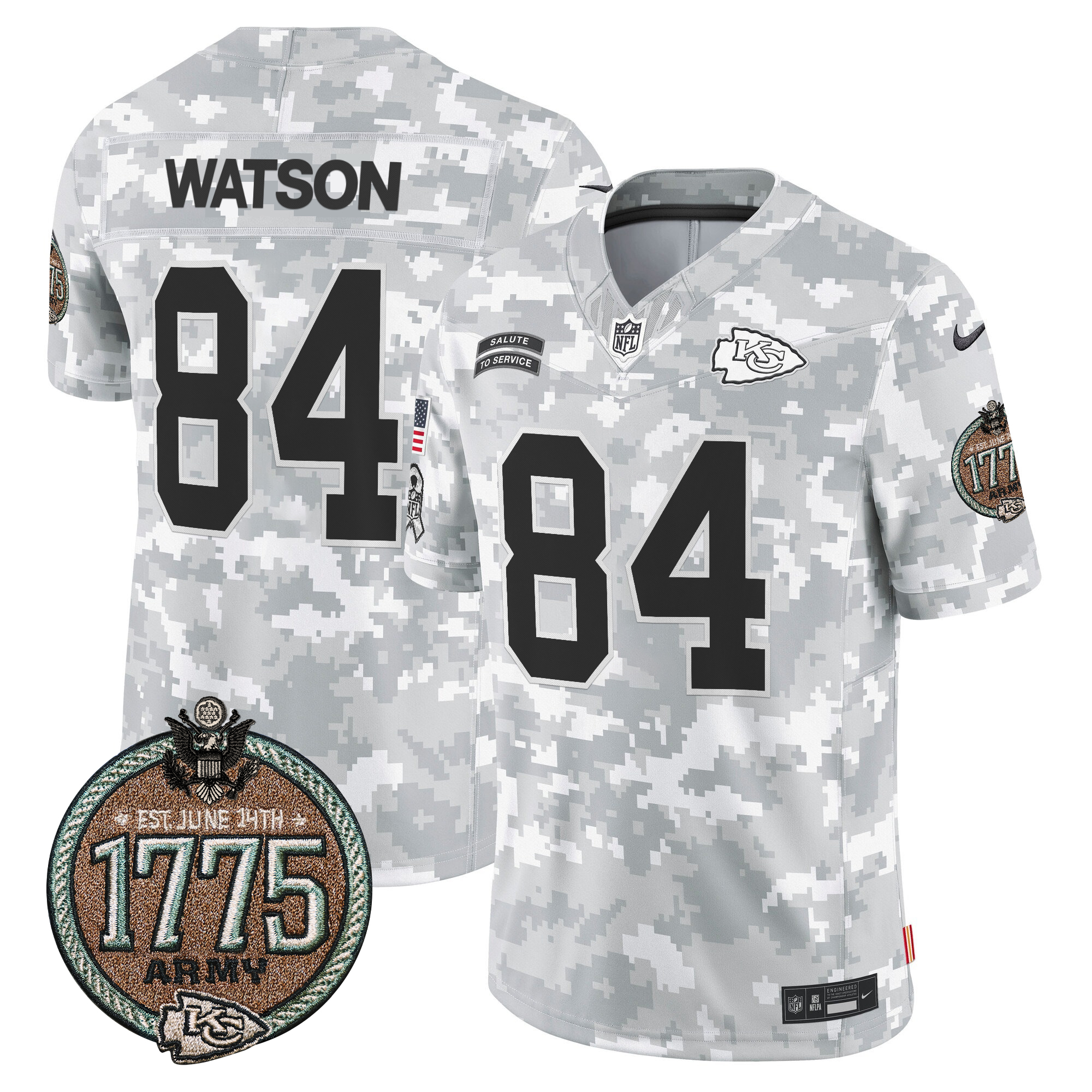 Justin Watson Men's Kansas City Chiefs 2024 Salute to Service Establishment Year Patch Vapor Limited Army Jersey - All Stitched