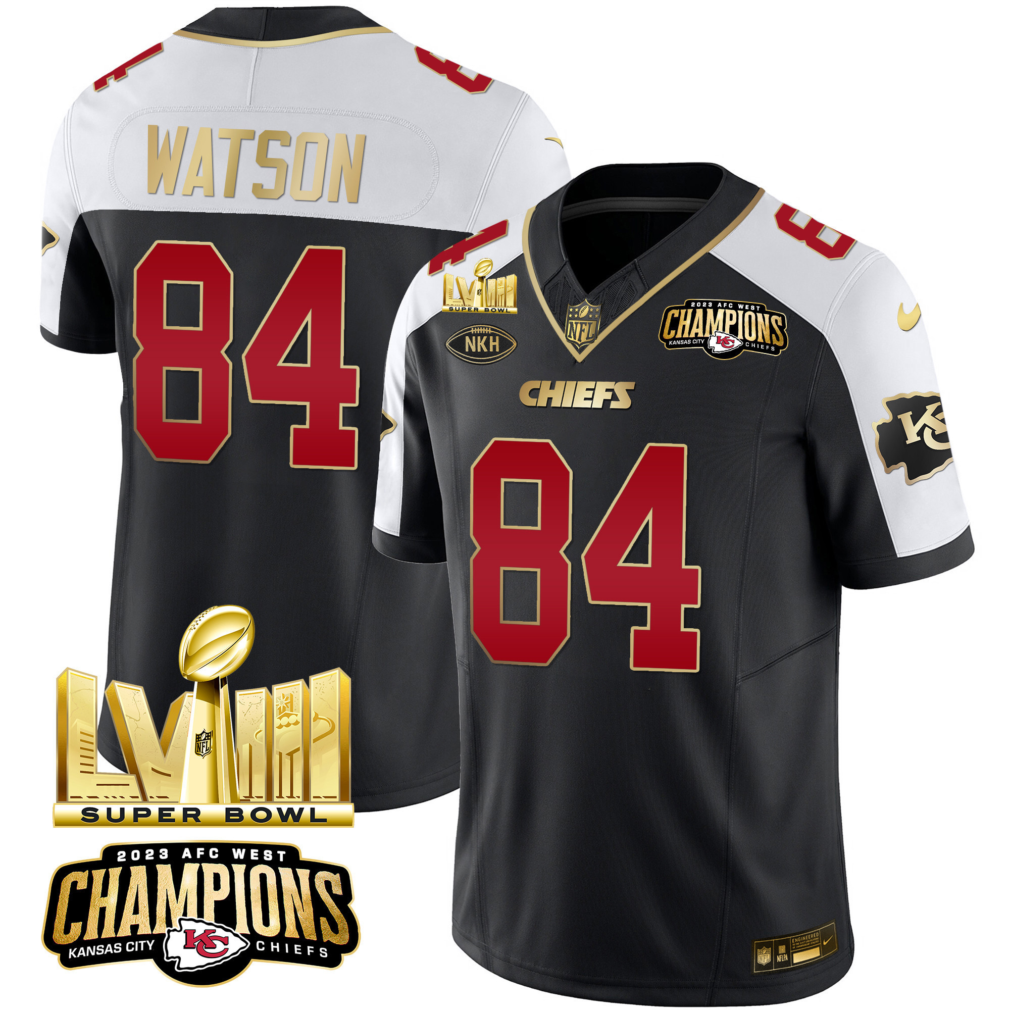 Justin Watson Men's Kansas City Chiefs AFC West Champions & Super Bowl LVIII Gold Patch Vapor Black Alternate Jersey - All Stitched
