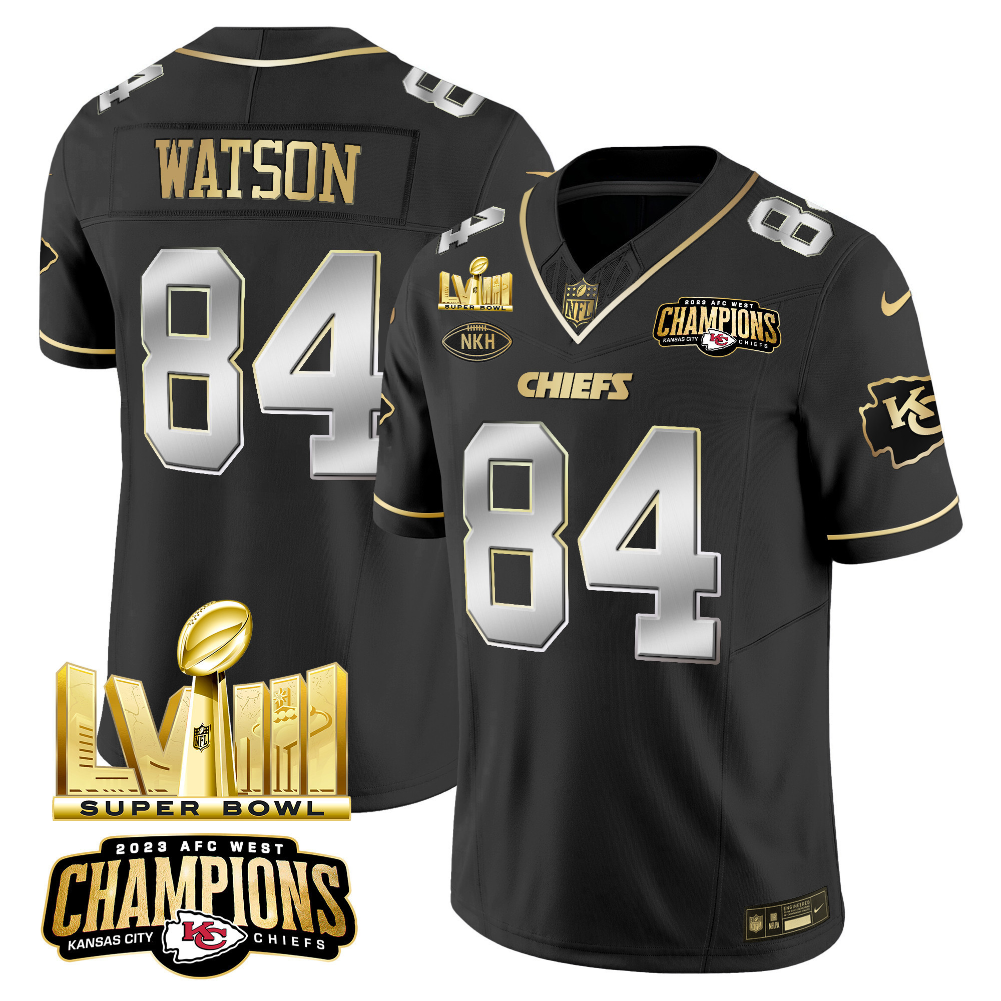 Justin Watson Men's Kansas City Chiefs AFC West Champions & Super Bowl LVIII Gold Patch Vapor Black Limited Jersey - All Stitched