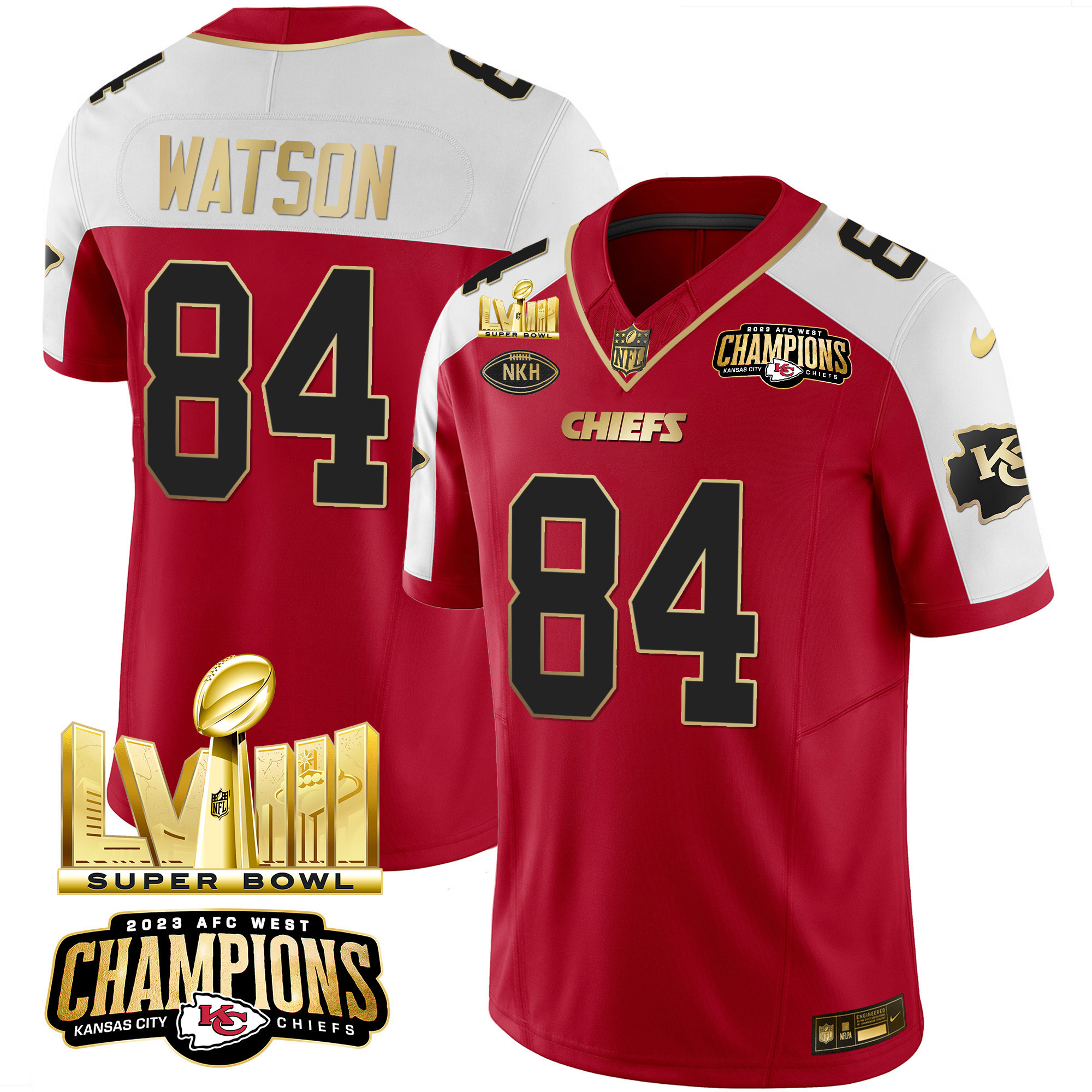 Justin Watson Men's Kansas City Chiefs AFC West Champions & Super Bowl LVIII Gold Patch Vapor Red Alternate Jersey - All Stitched