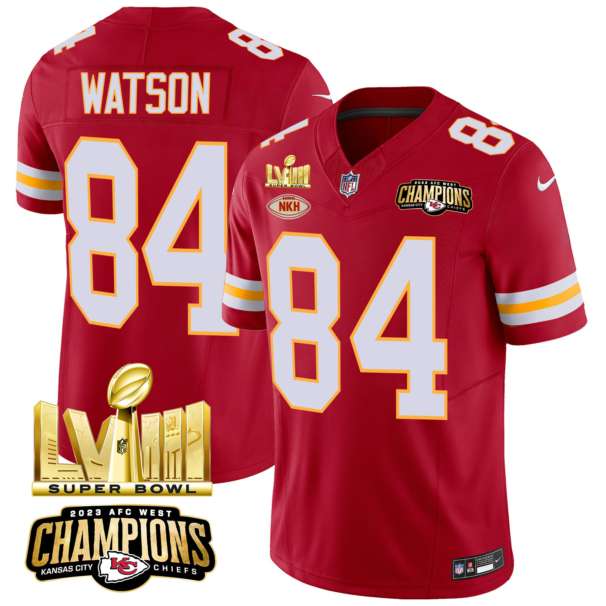 Justin Watson Men's Kansas City Chiefs AFC West Champions & Super Bowl LVIII Gold Patch Vapor Red Jersey - All Stitched