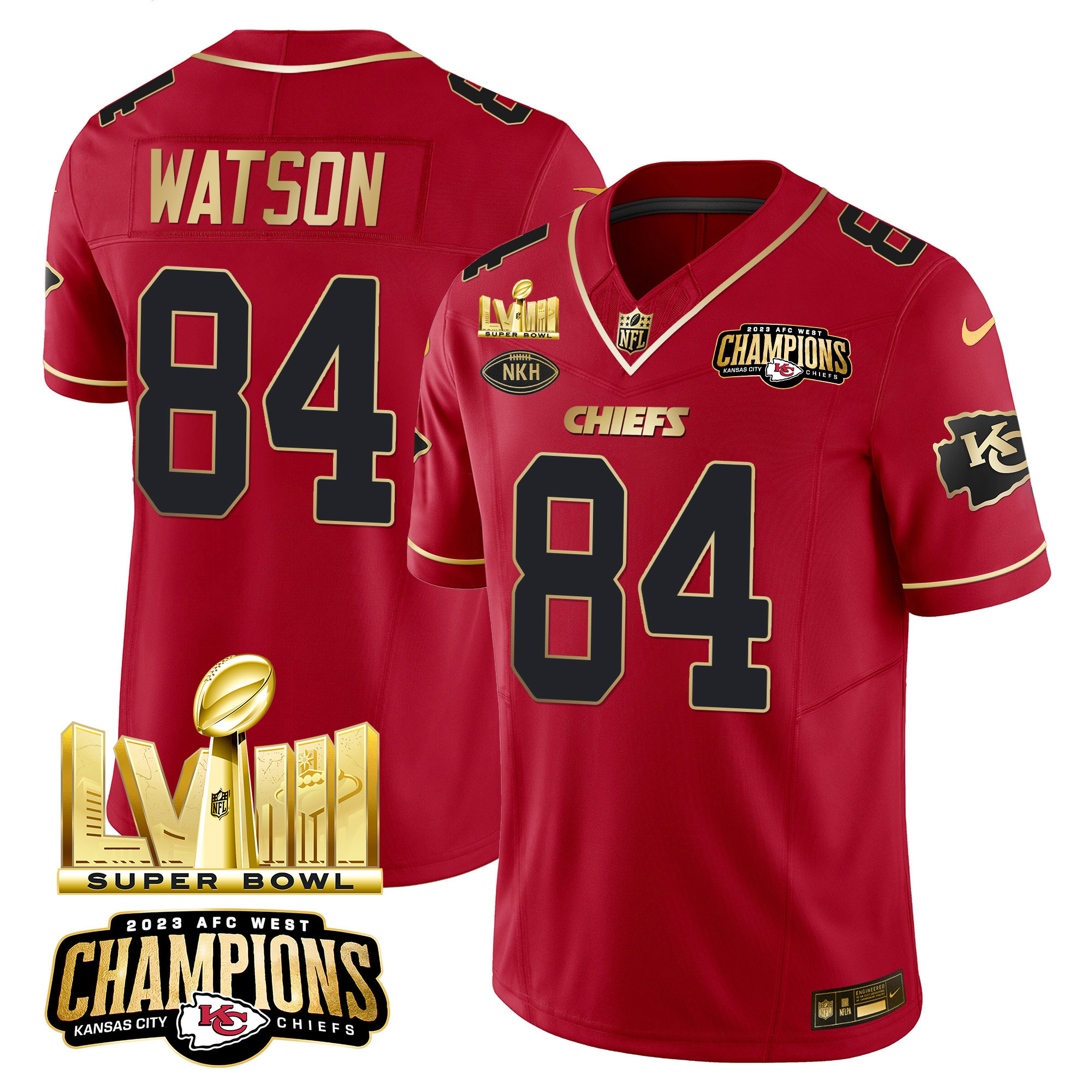 Justin Watson Men's Kansas City Chiefs AFC West Champions & Super Bowl LVIII Gold Patch Vapor Red Special Jersey - All Stitched