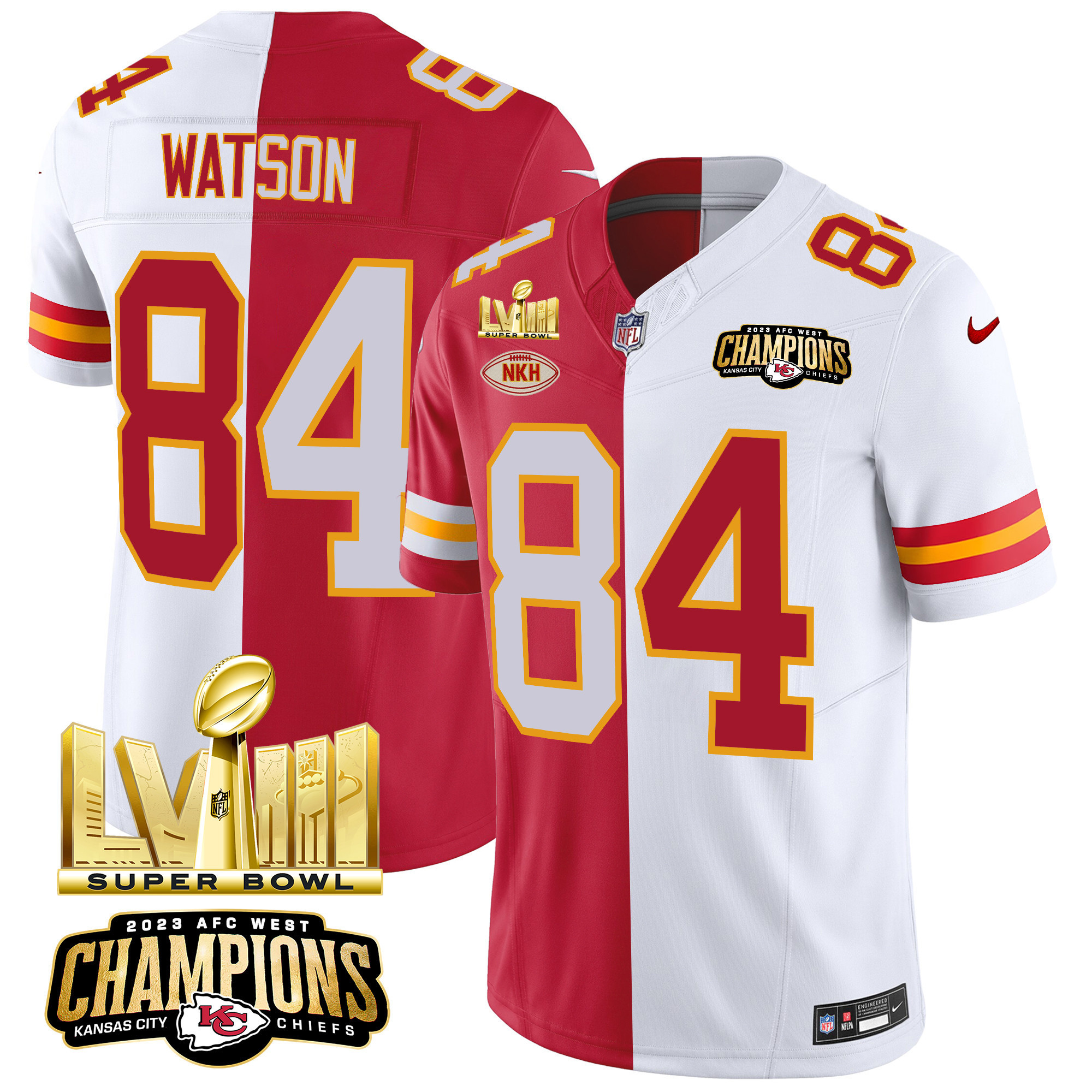 Justin Watson Men's Kansas City Chiefs AFC West Champions & Super Bowl LVIII Gold Patch Vapor Split Jersey - All Stitched