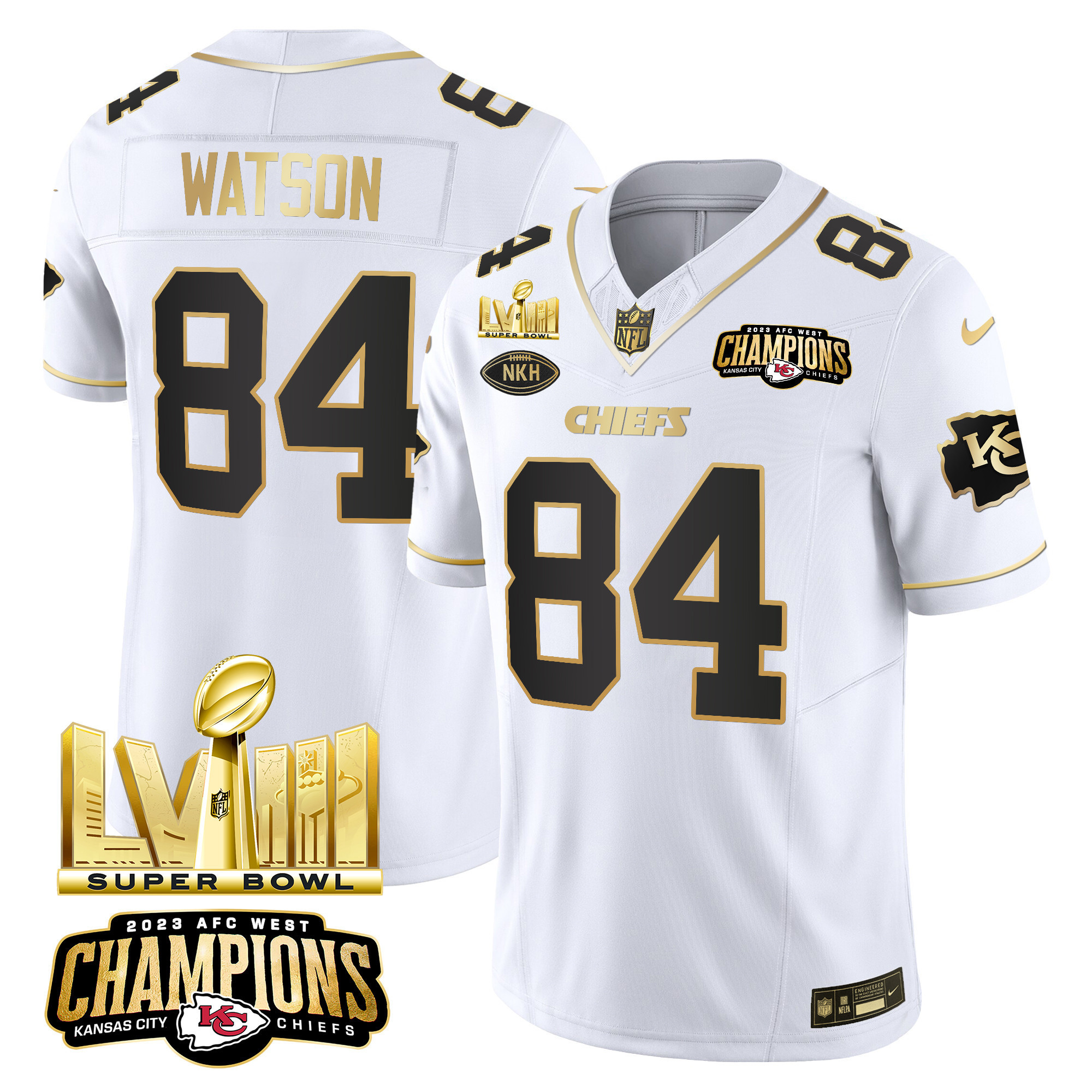 Justin Watson Men's Kansas City Chiefs AFC West Champions & Super Bowl LVIII Gold Patch Vapor White Gold Jersey - All Stitched