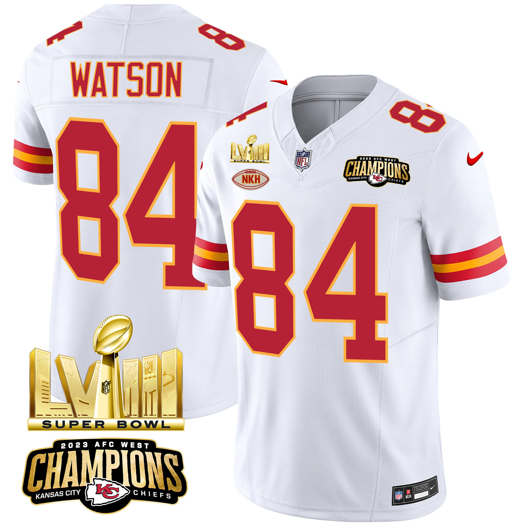 Justin Watson Men's Kansas City Chiefs AFC West Champions & Super Bowl LVIII Gold Patch Vapor White Jersey - All Stitched