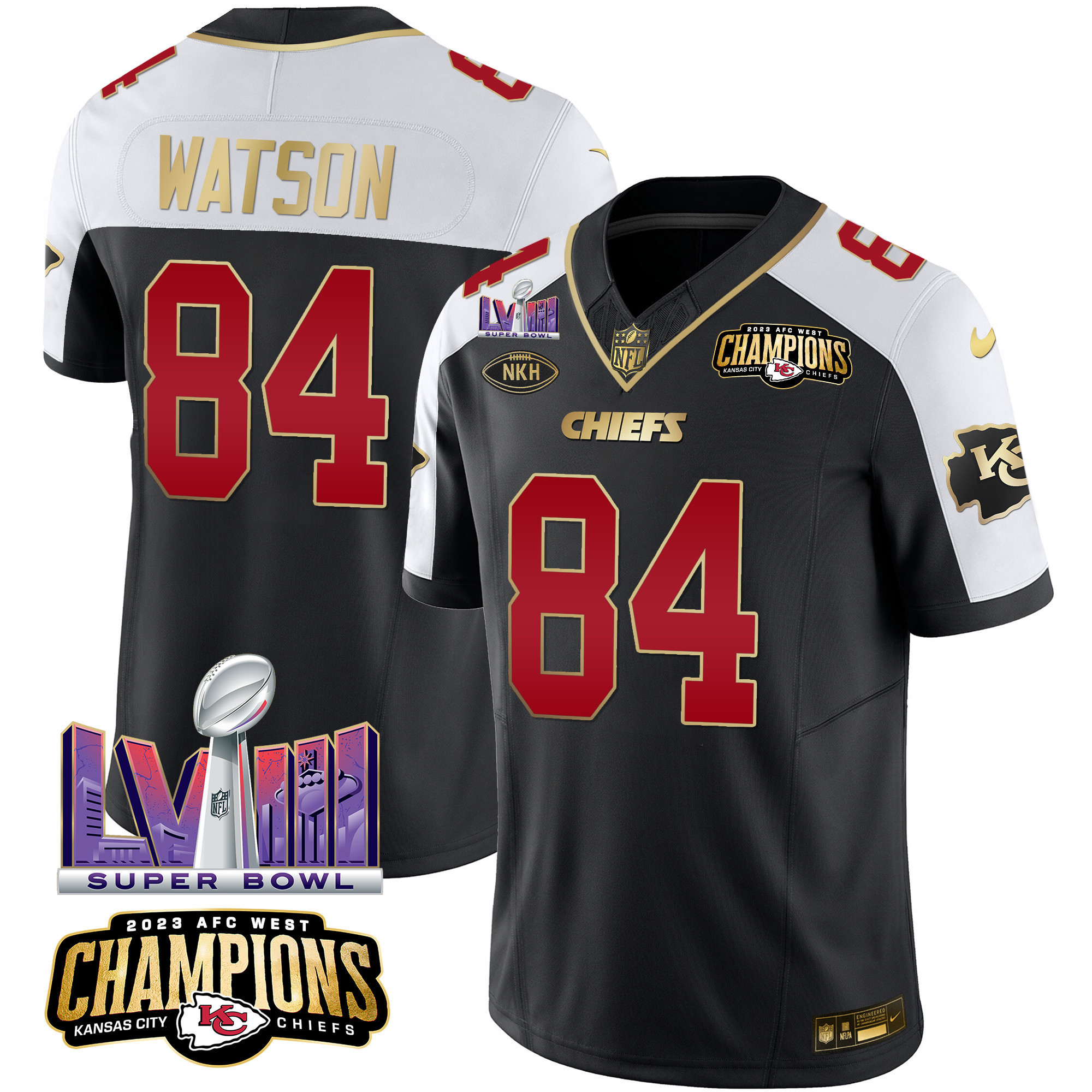 Justin Watson Men's Kansas City Chiefs AFC West Champions & Super Bowl LVIII Patch Vapor Black Alternate Jersey - All Stitched