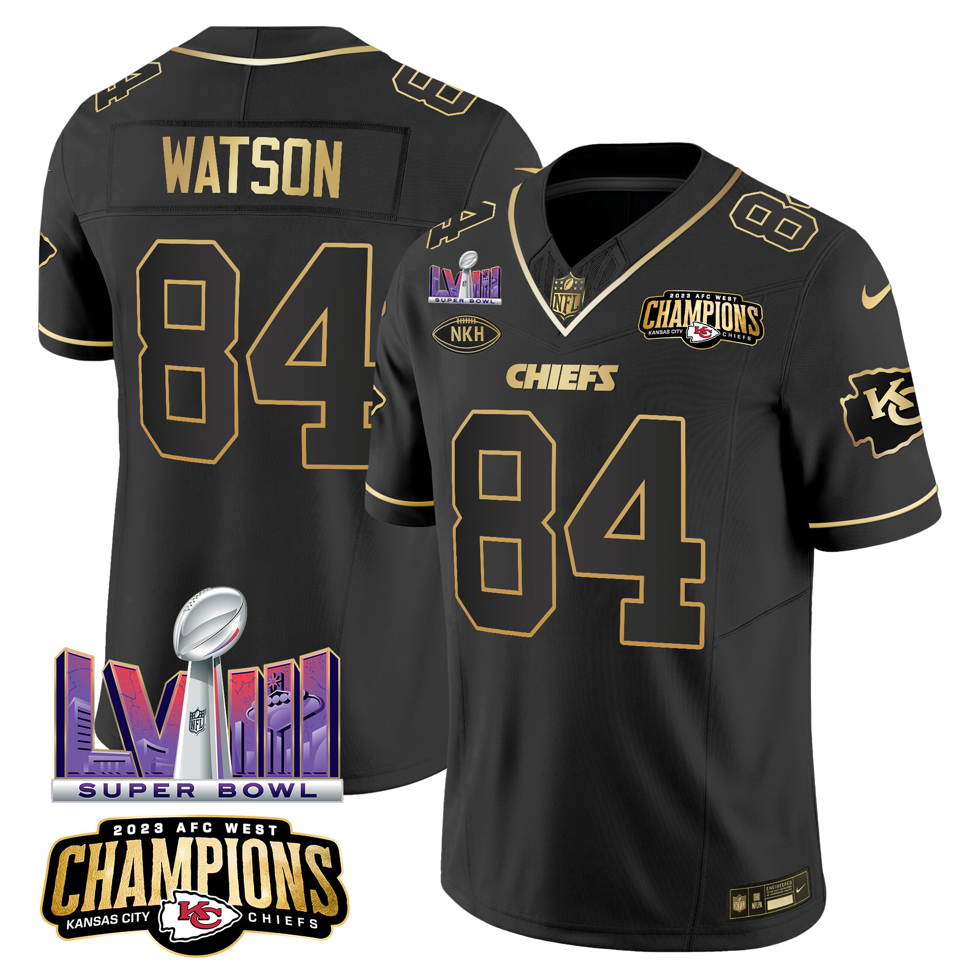 Justin Watson Men's Kansas City Chiefs AFC West Champions & Super Bowl LVIII Patch Vapor Black Gold Jersey - All Stitched