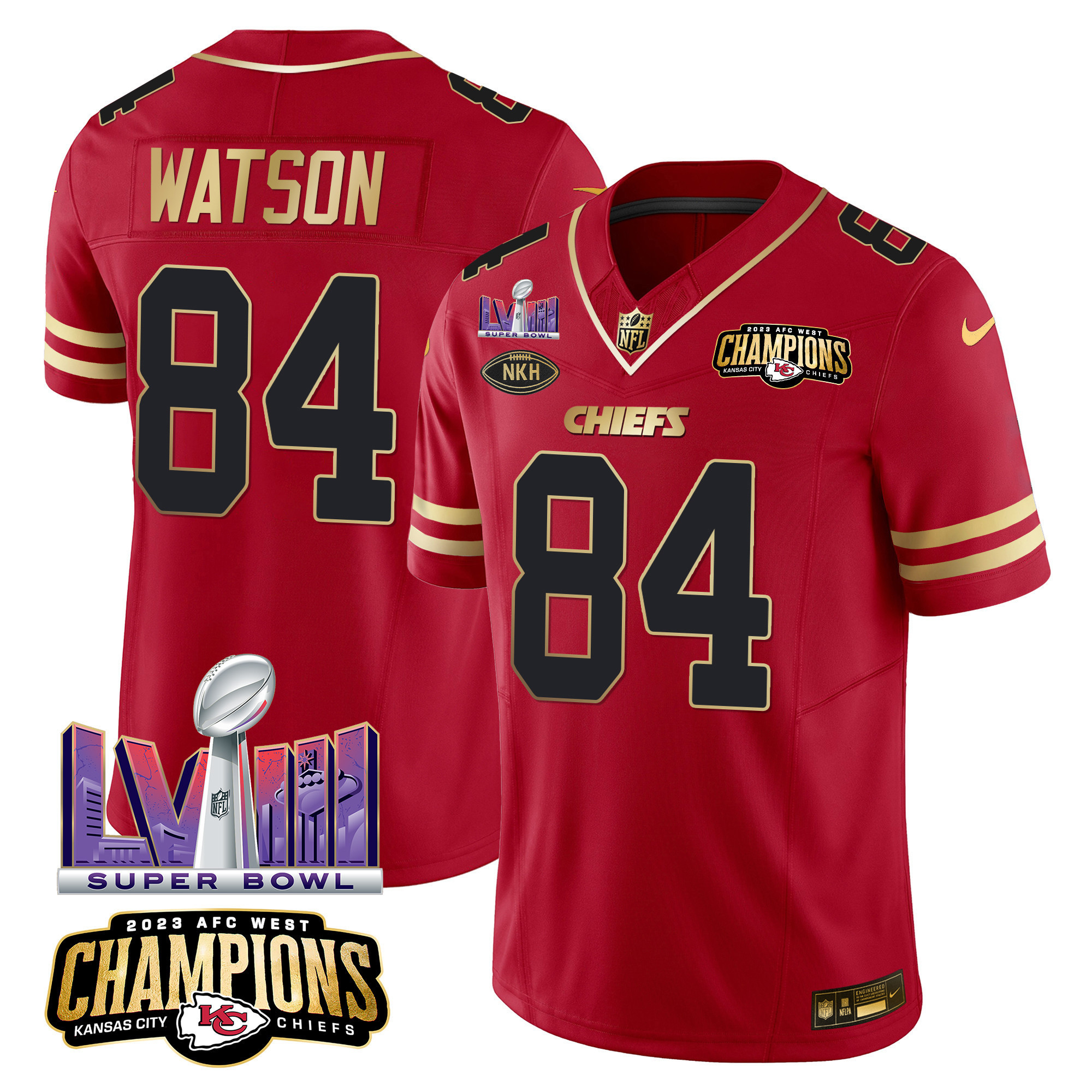 Justin Watson Men's Kansas City Chiefs AFC West Champions & Super Bowl LVIII Patch Vapor Black Red Jersey - All Stitched