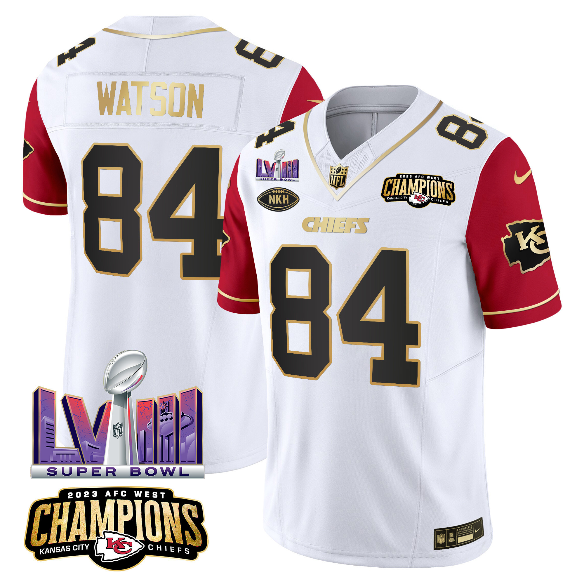 Justin Watson Men's Kansas City Chiefs AFC West Champions & Super Bowl LVIII Patch Vapor Color Sleeves Jersey - All Stitched
