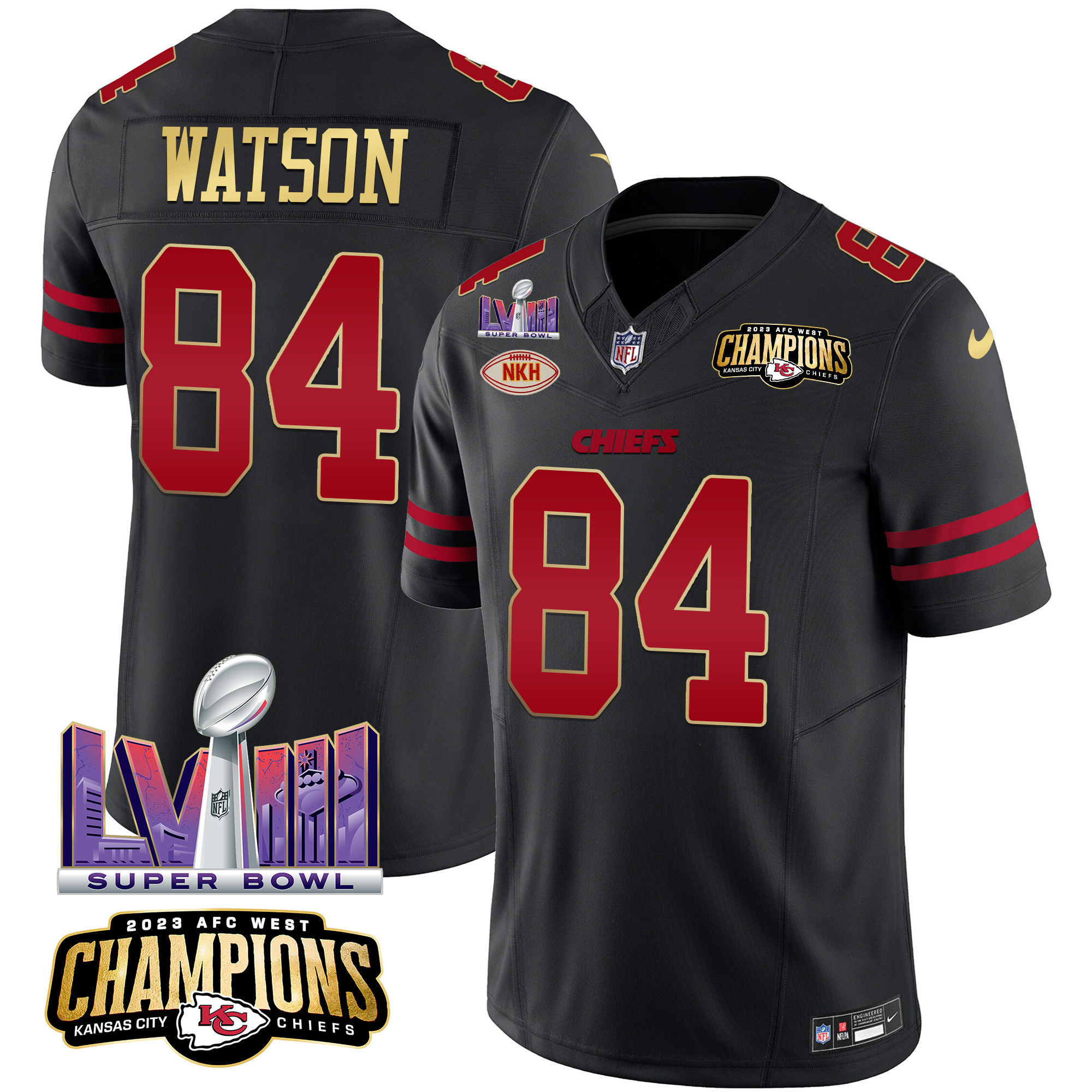 Justin Watson Men's Kansas City Chiefs AFC West Champions & Super Bowl LVIII Patch Vapor Gold Trim Jersey - All Stitched