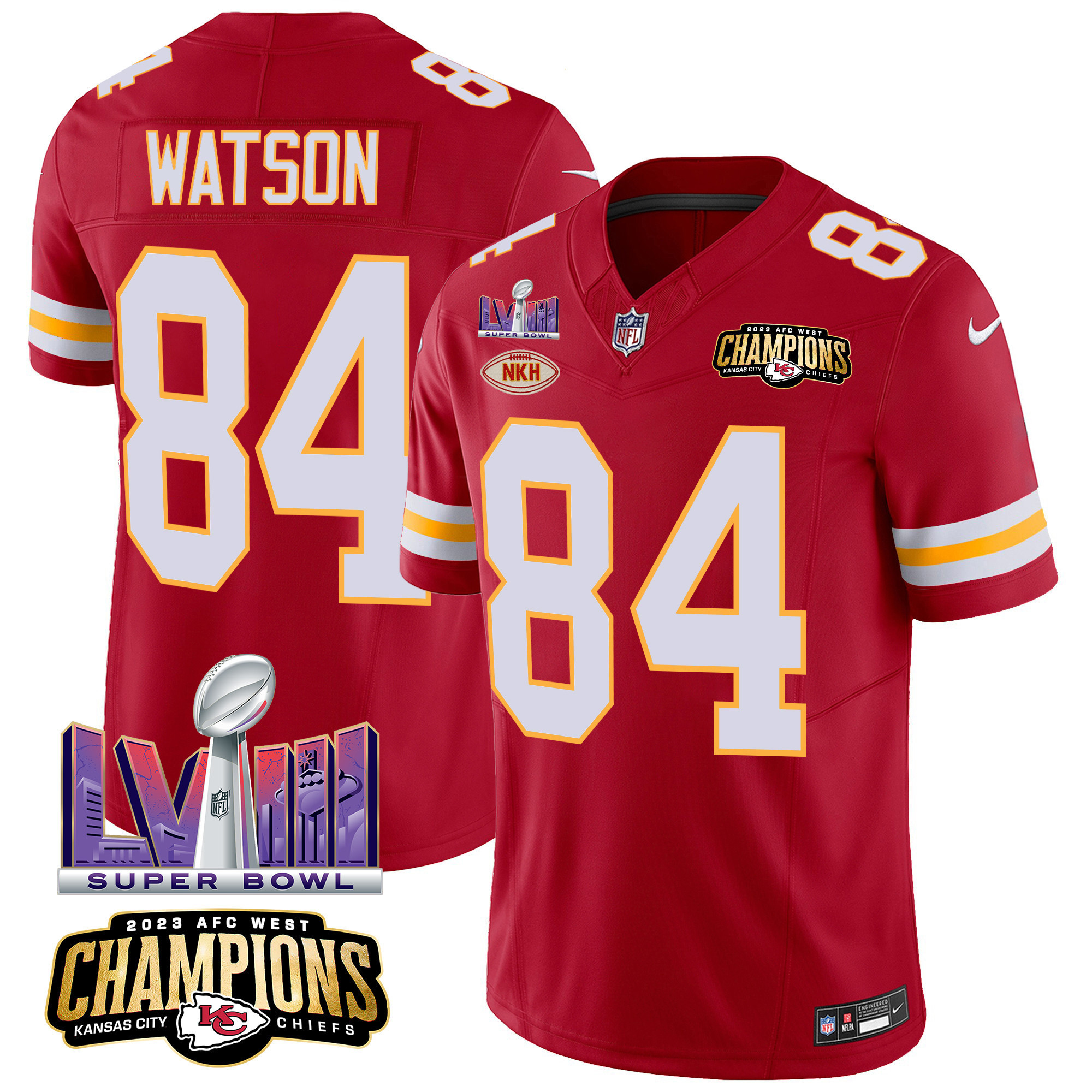 Justin Watson Men's Kansas City Chiefs AFC West Champions & Super Bowl LVIII Patch Vapor Red Jersey - All Stitched