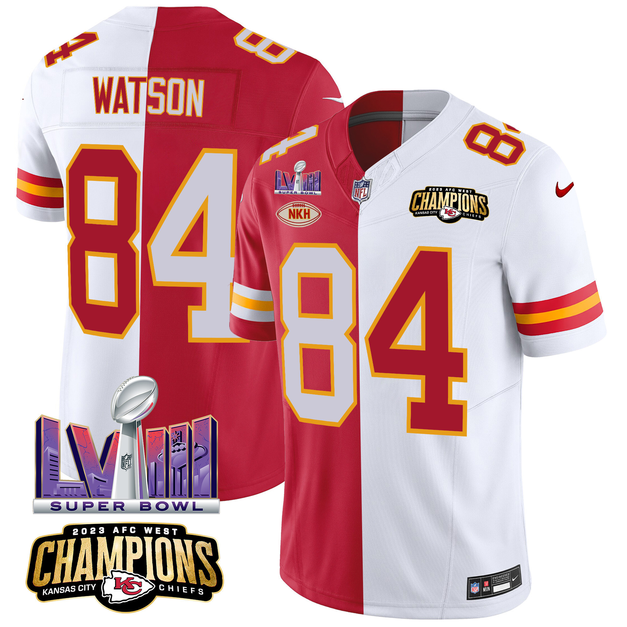 Justin Watson Men's Kansas City Chiefs AFC West Champions & Super Bowl LVIII Patch Vapor Split Jersey - All Stitched