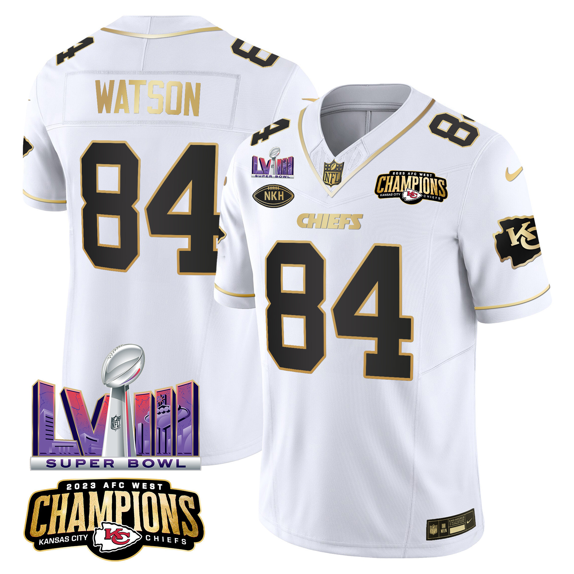 Justin Watson Men's Kansas City Chiefs AFC West Champions & Super Bowl LVIII Patch Vapor White Gold Jersey - All Stitched