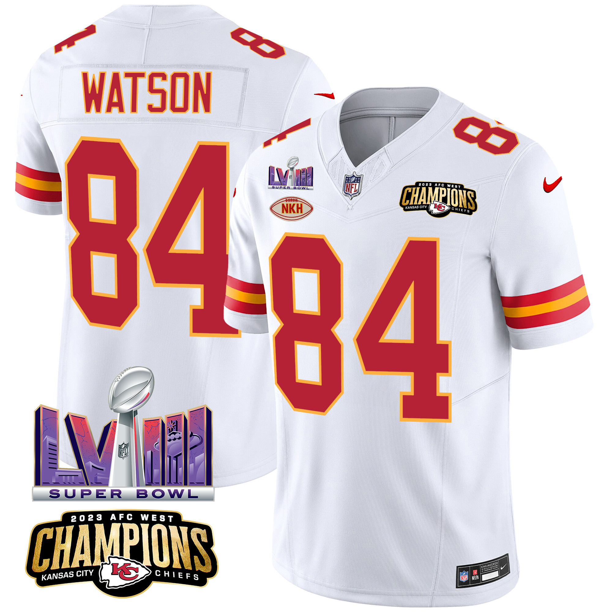 Justin Watson Men's Kansas City Chiefs AFC West Champions & Super Bowl LVIII Patch Vapor White Jersey - All Stitched