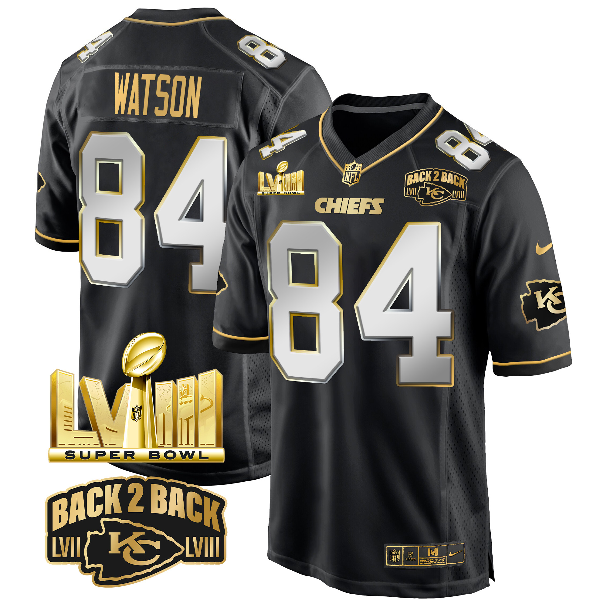 Justin Watson Men's Kansas City Chiefs Super Bowl LVIII & Back 2 Back Gold Game Black Limited Jersey - All Stitched