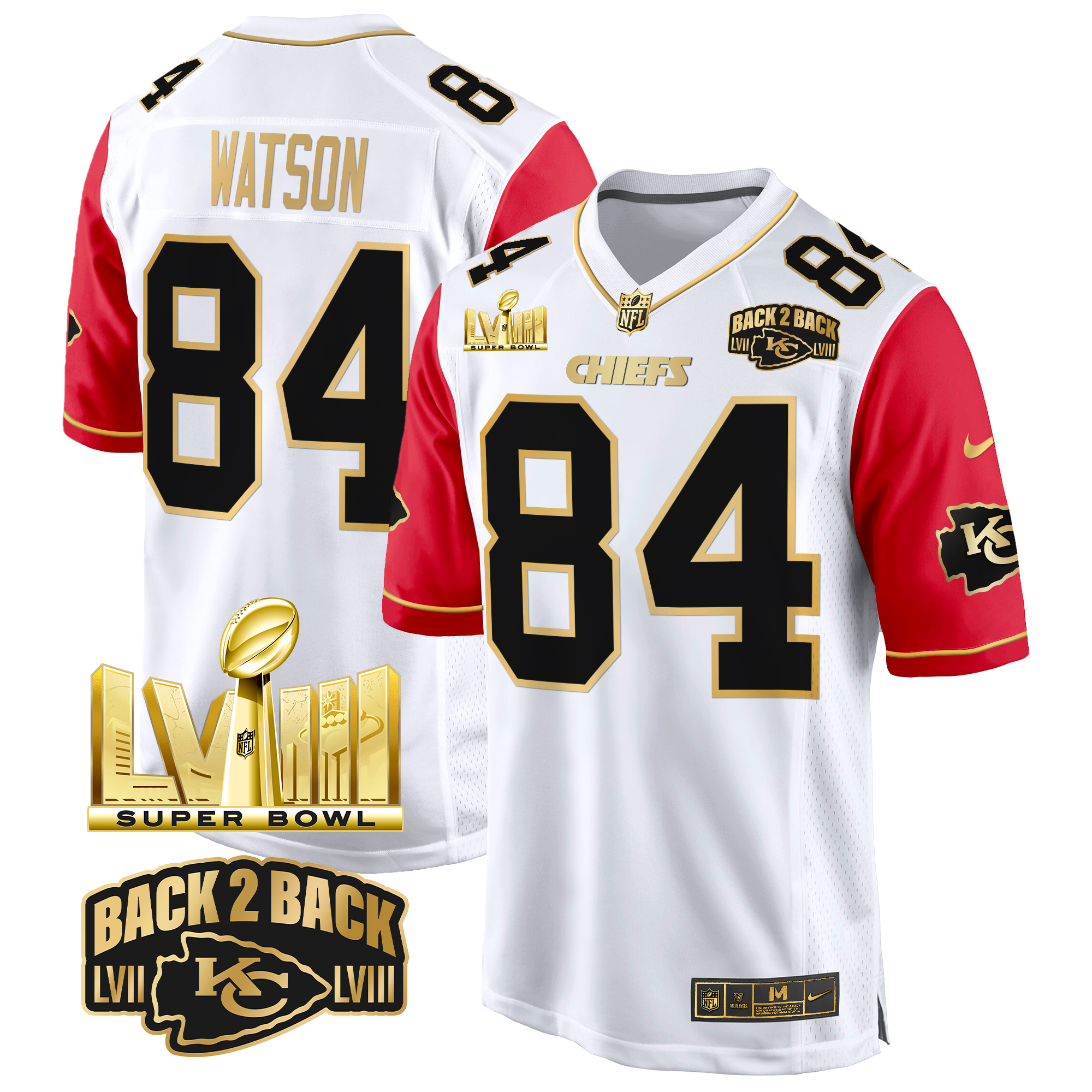 Justin Watson Men's Kansas City Chiefs Super Bowl LVIII & Back 2 Back Gold Game Color Sleeves Jersey - All Stitched